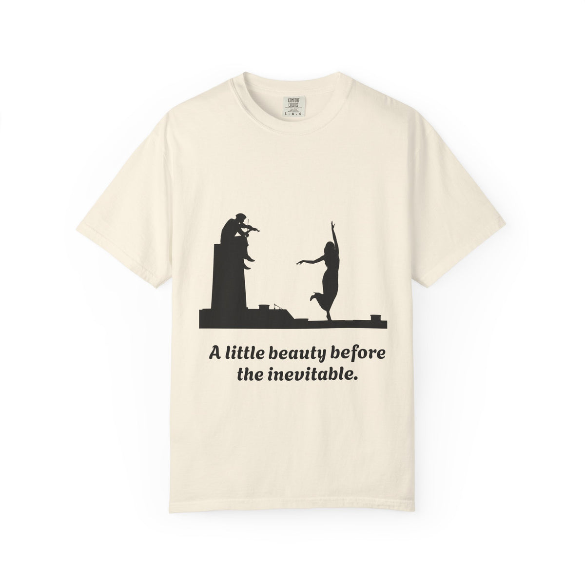 Vintage violin graphic T-shirt showing a violinist, dancing figure and “A Little Beauty Before the Inevitable” on a garment-dyed unisex T-shirt, product view