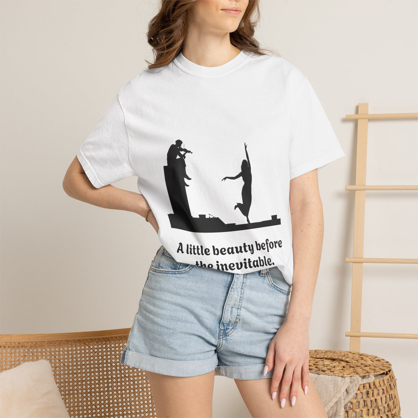 Vintage violin graphic T-shirt showing a violinist, dancing figure and “A Little Beauty Before the Inevitable” on a garment-dyed unisex T-shirt, product view
