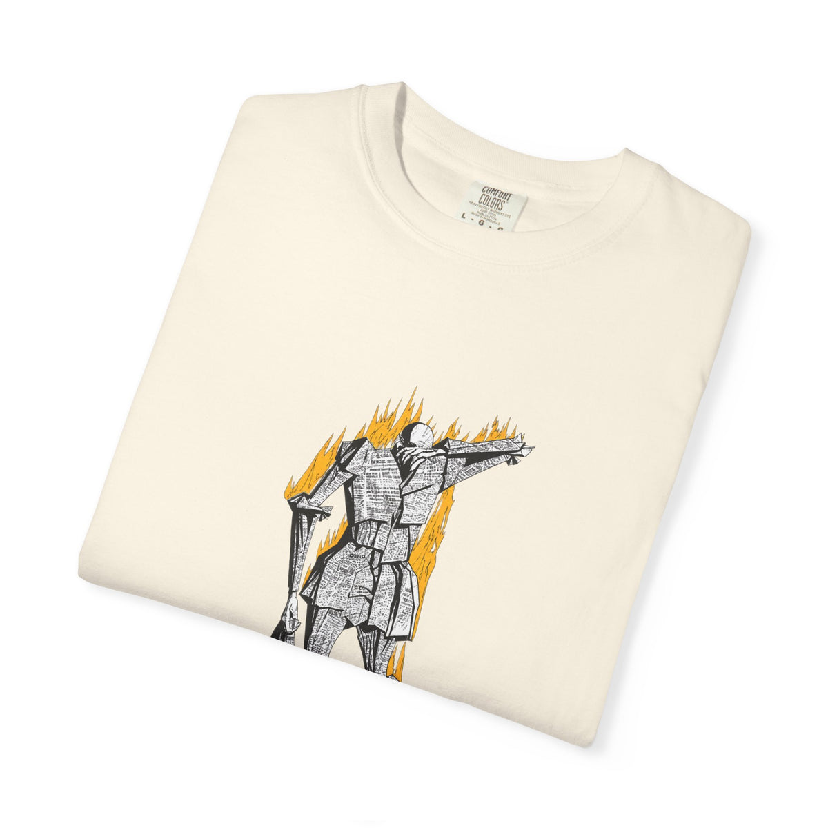 Fahrenheit 451 literary T-shirt with burning pages and “The Ashes Were Once Words” design on a garment-dyed unisex T-shirt, product view
