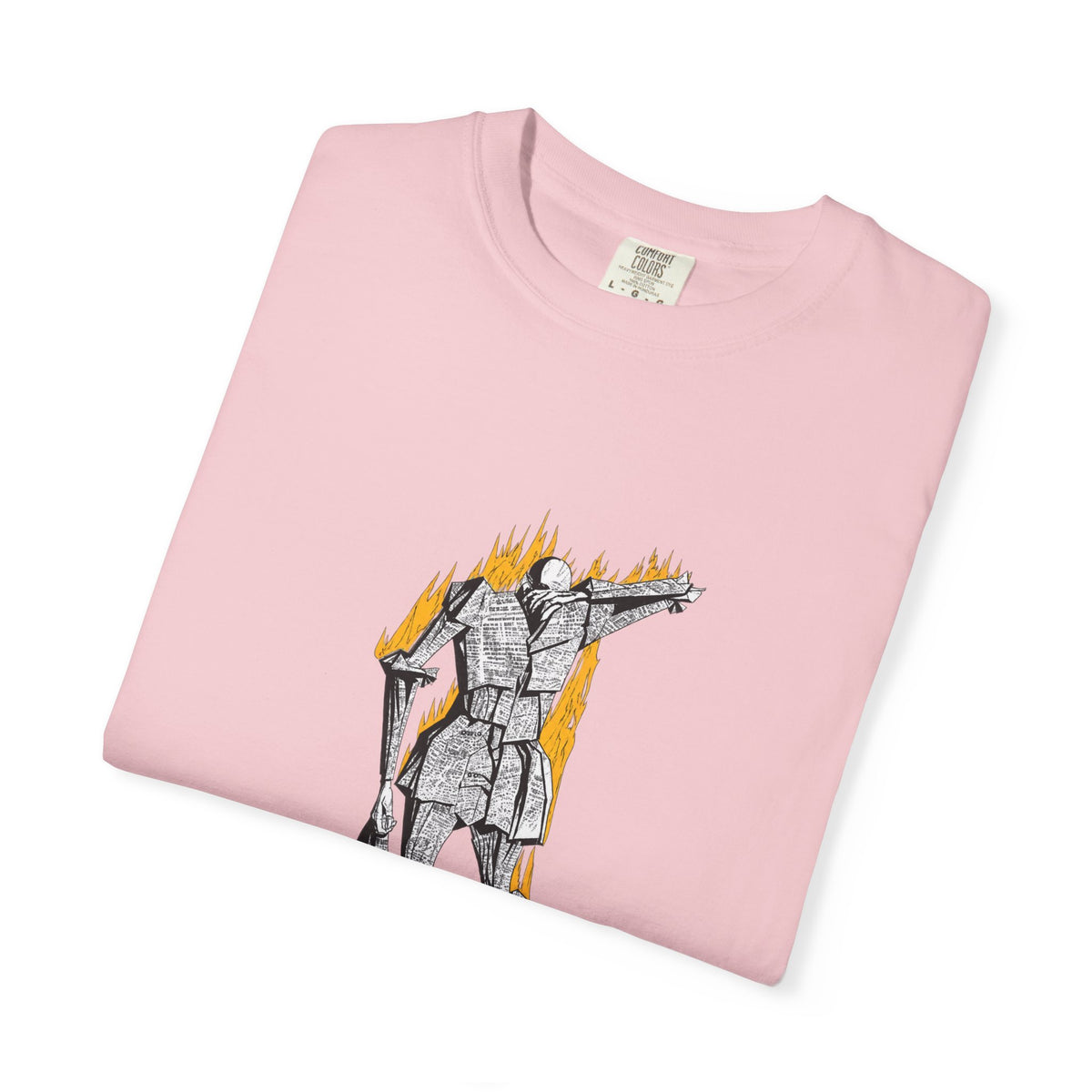 Fahrenheit 451 literary T-shirt with burning pages and “The Ashes Were Once Words” design on a garment-dyed unisex T-shirt, product view