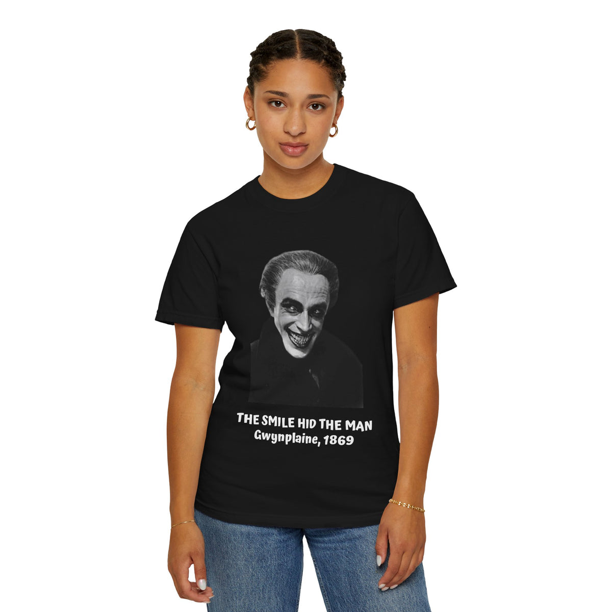 The Man Who Laughs literary T-shirt with Gwynplaine portrait and “The Smile Hid the Man” on a garment-dyed unisex T-shirt, product view