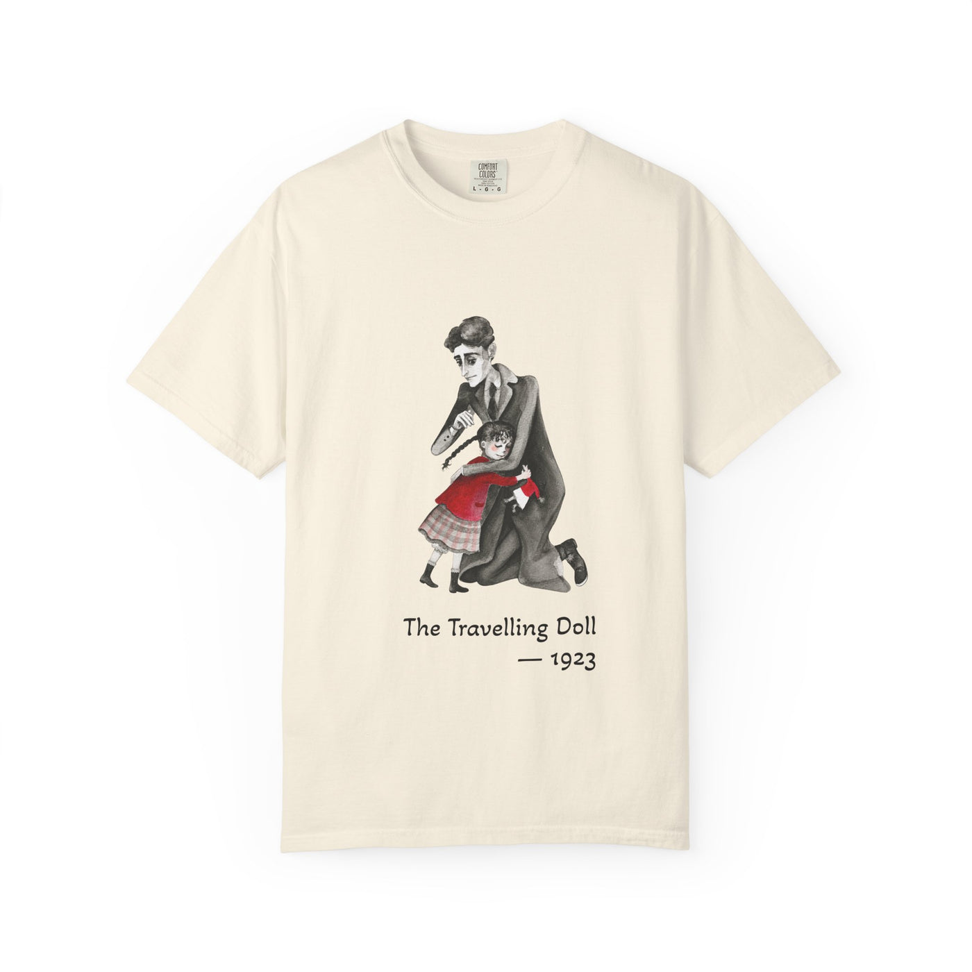 Kafka and the Travelling Doll literary T-shirt with a vintage storyteller illustration on a garment-dyed unisex T-shirt, product view