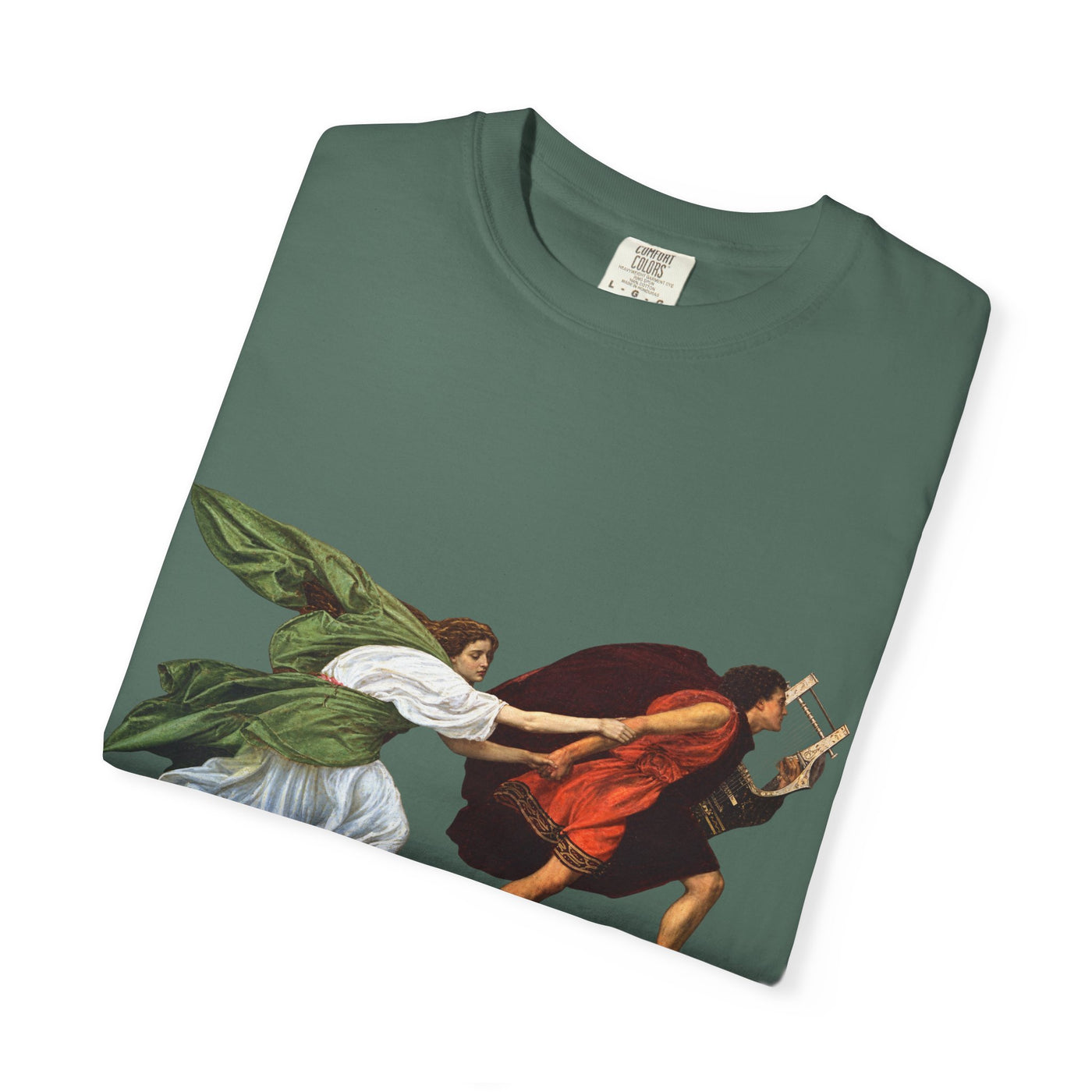 Orpheus and Eurydice mythology T-shirt with “One Last Look” classical illustration on a garment-dyed unisex T-shirt, product view