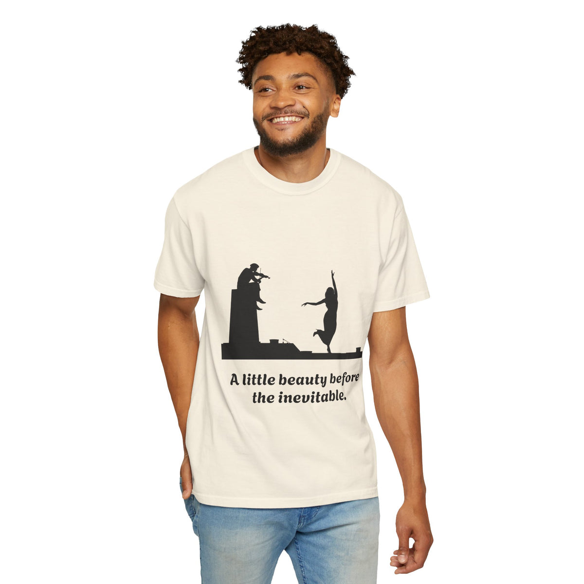 Vintage violin graphic T-shirt showing a violinist, dancing figure and “A Little Beauty Before the Inevitable” on a garment-dyed unisex T-shirt, product view