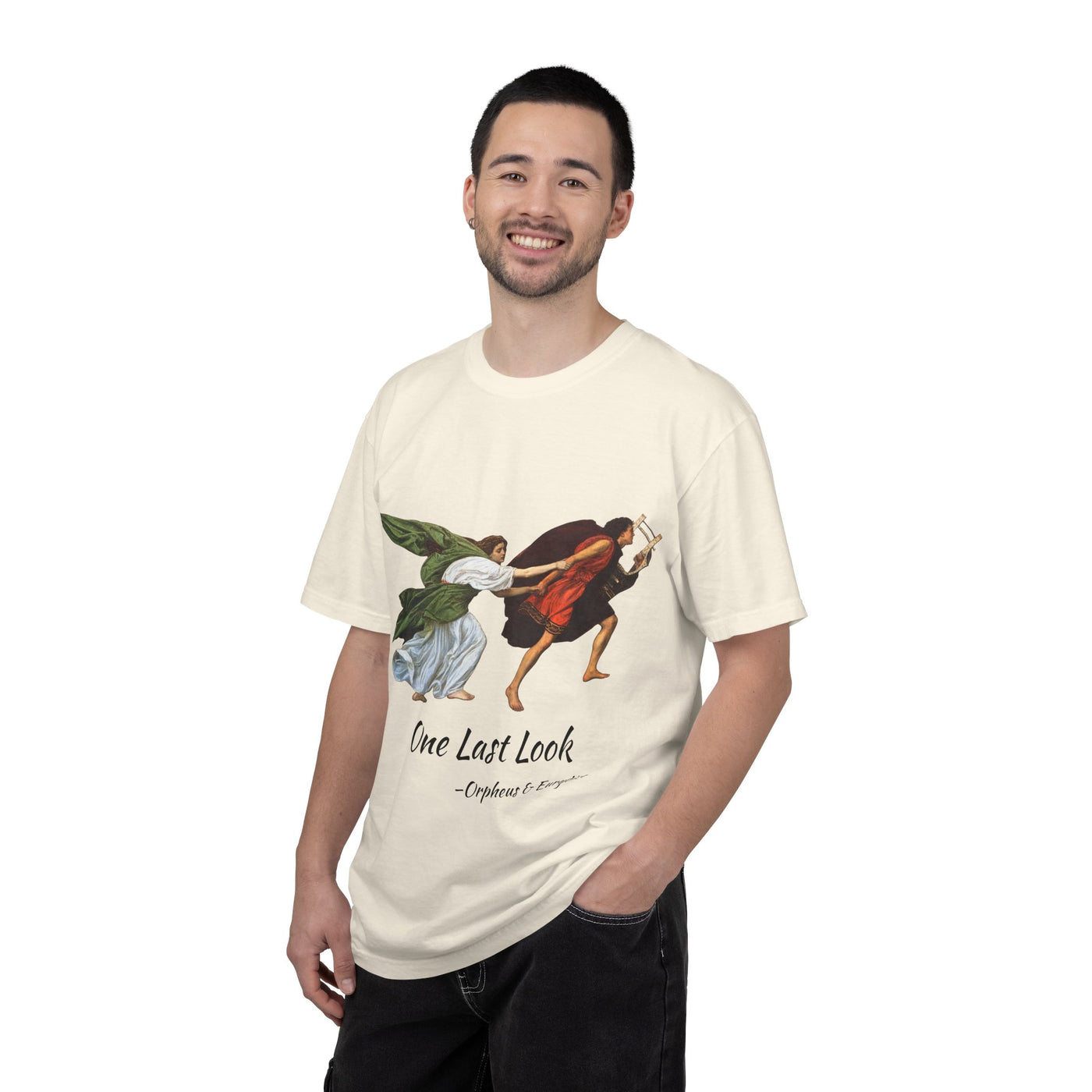 Orpheus and Eurydice mythology T-shirt with “One Last Look” classical illustration on a garment-dyed unisex T-shirt, product view