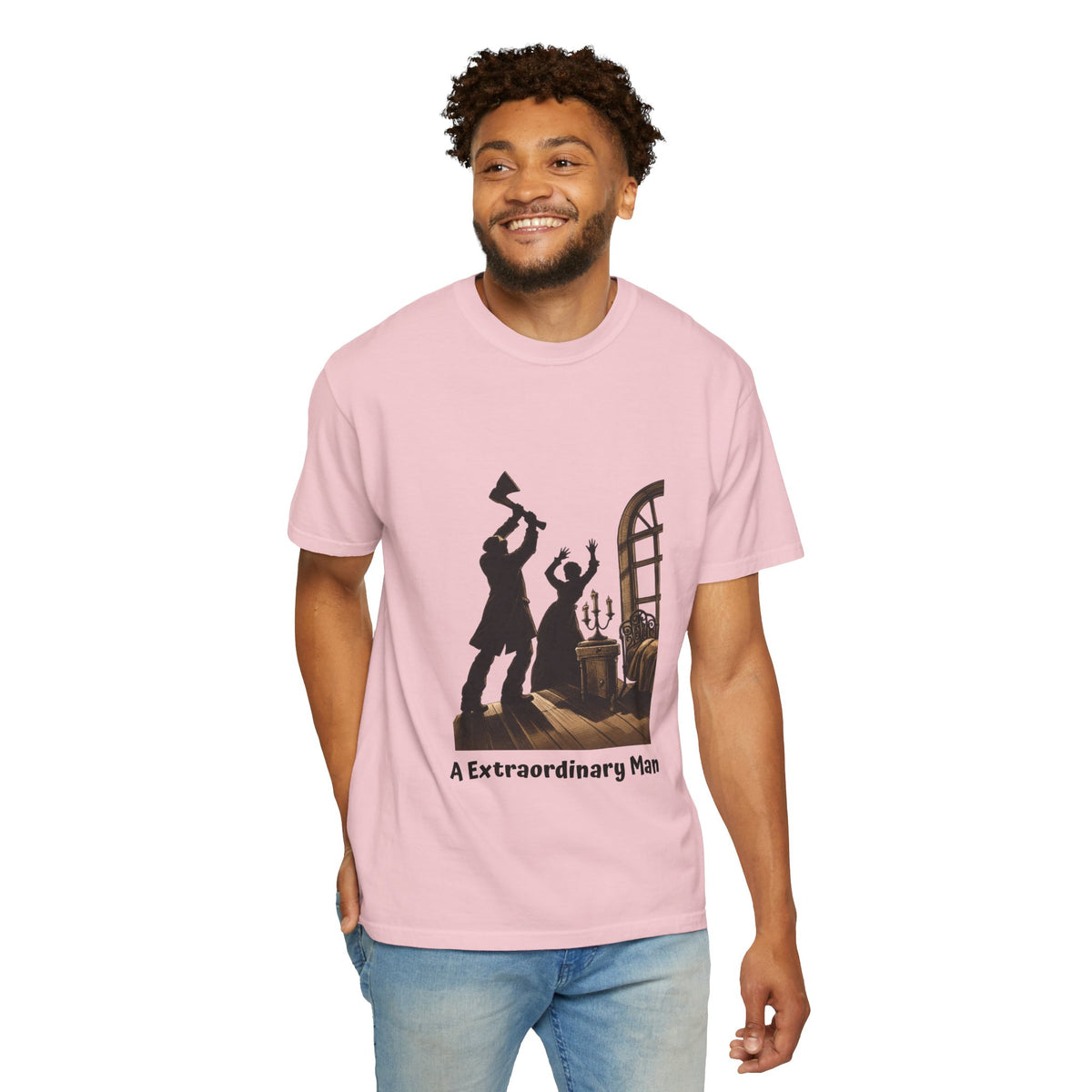 Crime and Punishment 'An Extraordinary Man' T-shirt in Blossom pink on a model