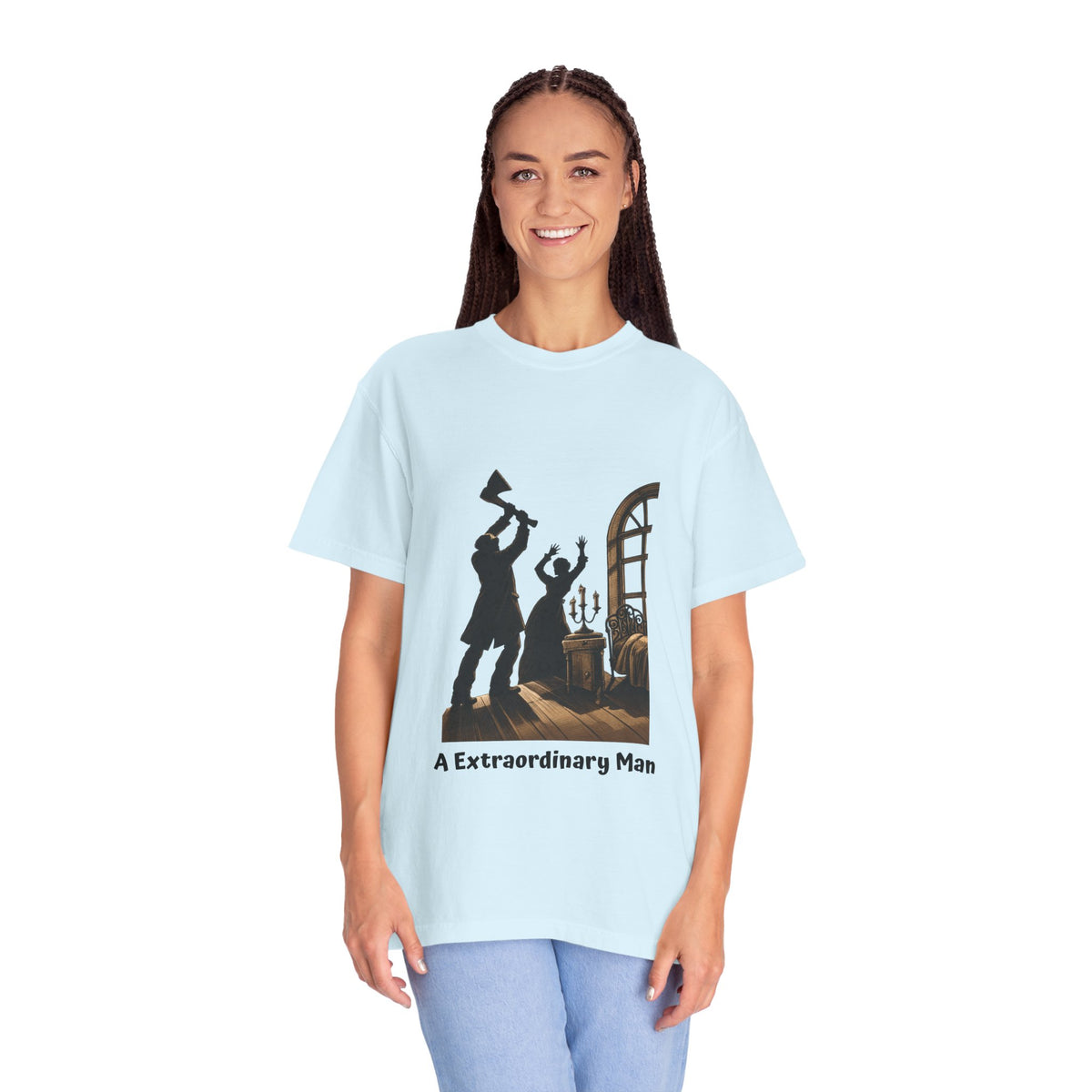 Crime and Punishment 'An Extraordinary Man' T-shirt in Chambray blue on a model