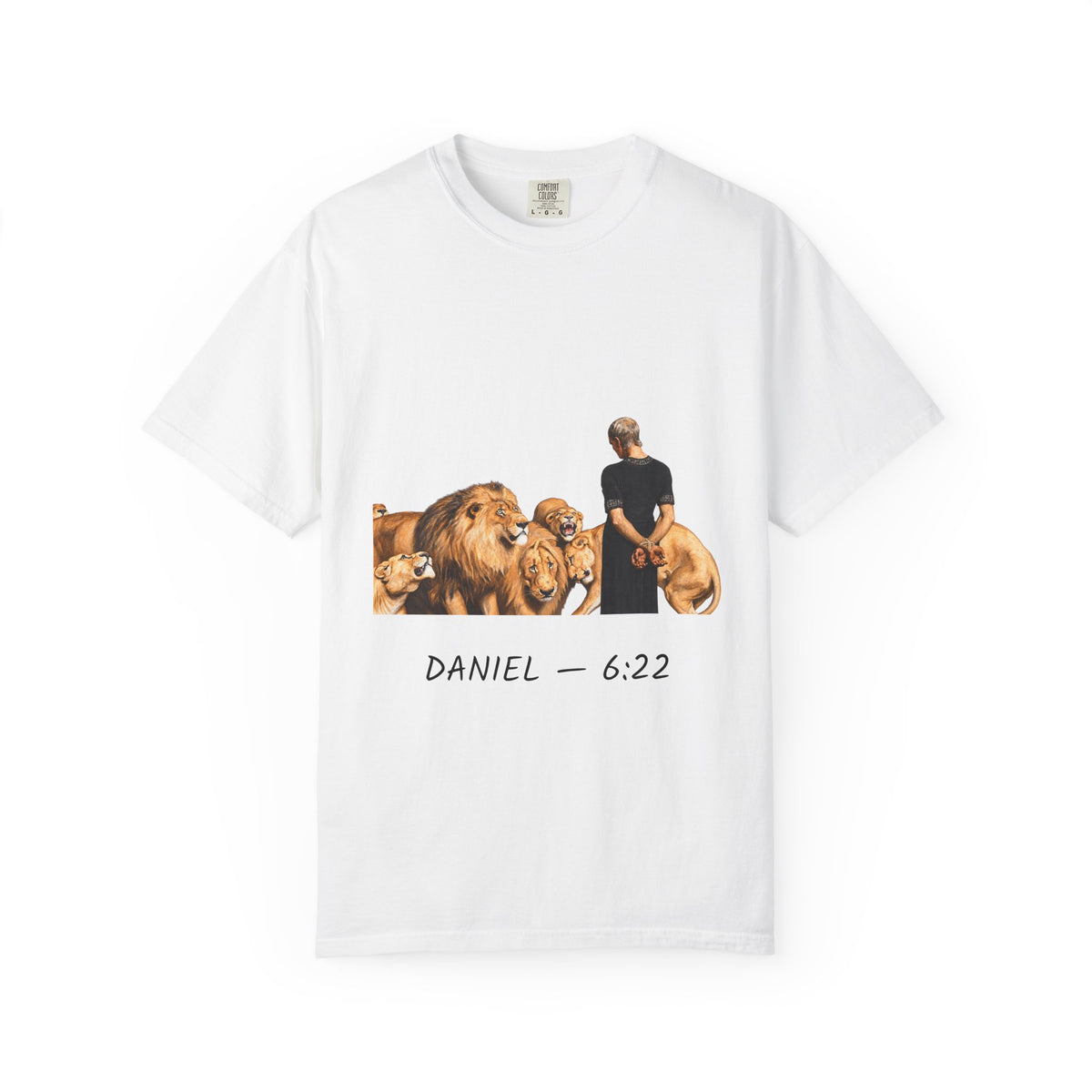 Daniel 6:22 Christian T-shirt showing Daniel standing peacefully among lions on a garment-dyed unisex T-shirt, product view