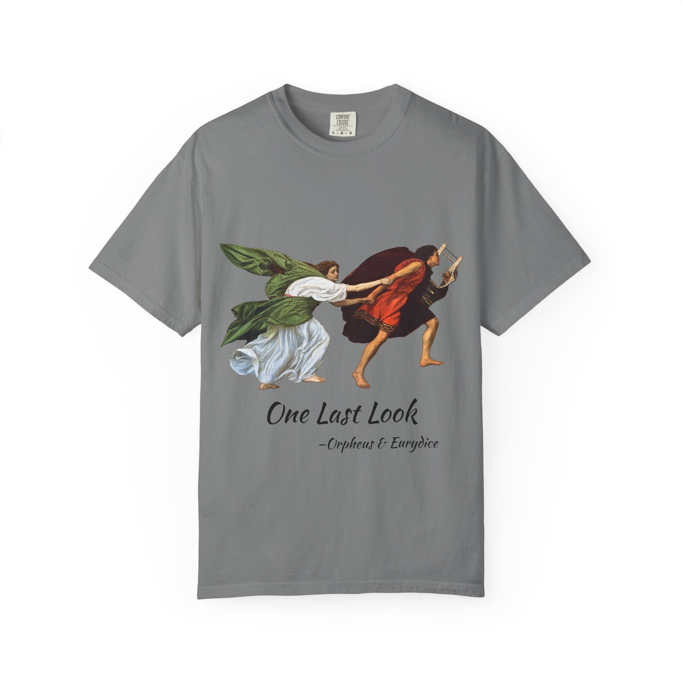 Orpheus and Eurydice mythology T-shirt with “One Last Look” classical illustration on a garment-dyed unisex T-shirt, product view