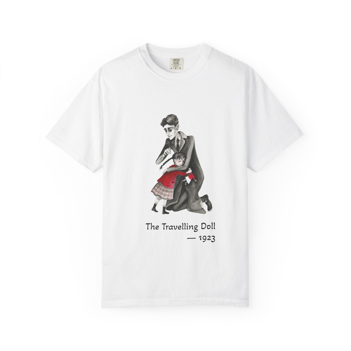 Kafka and the Travelling Doll literary T-shirt with a vintage storyteller illustration on a garment-dyed unisex T-shirt, product view