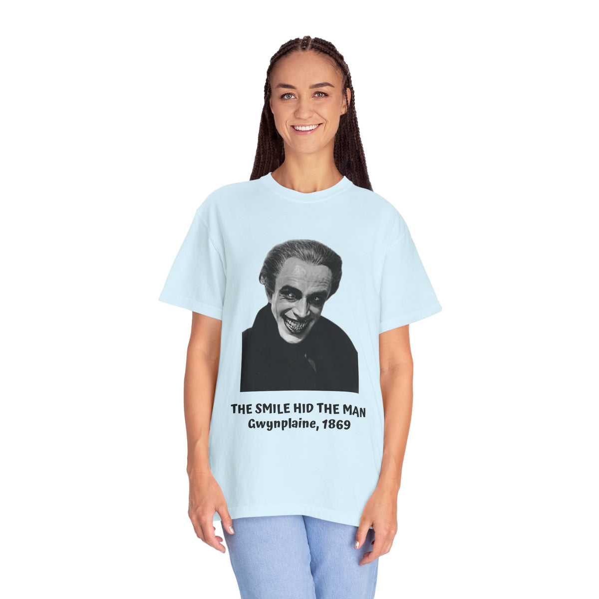 The Man Who Laughs literary T-shirt with Gwynplaine portrait and “The Smile Hid the Man” on a garment-dyed unisex T-shirt, product view