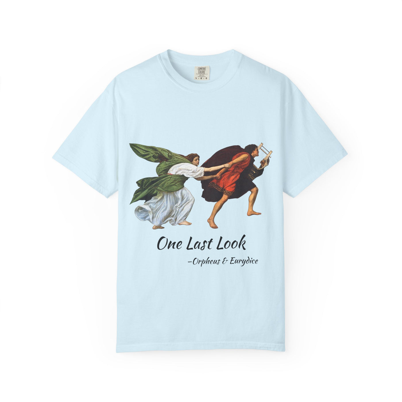 Orpheus and Eurydice mythology T-shirt with “One Last Look” classical illustration on a garment-dyed unisex T-shirt, product view