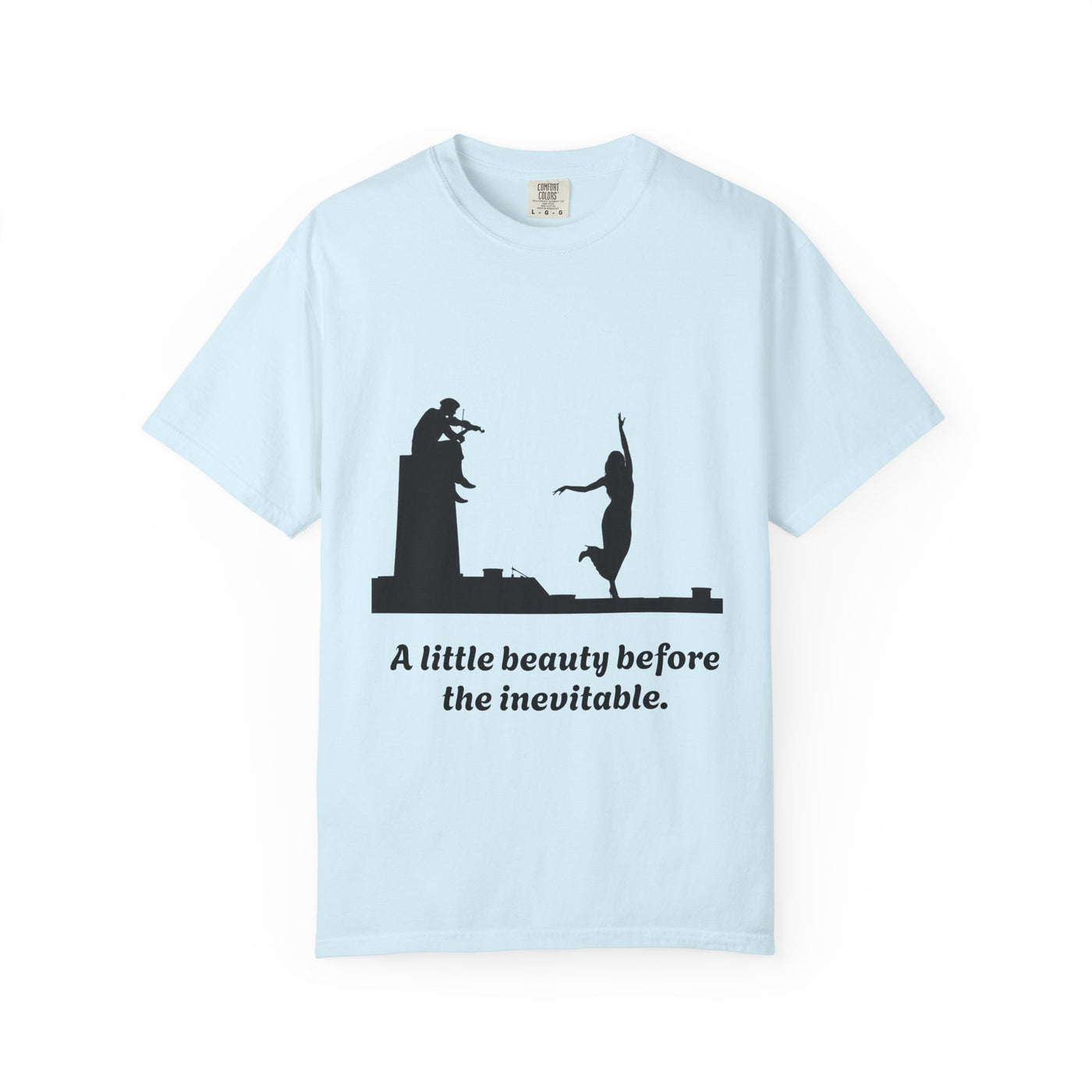 Vintage violin graphic T-shirt showing a violinist, dancing figure and “A Little Beauty Before the Inevitable” on a garment-dyed unisex T-shirt, product view