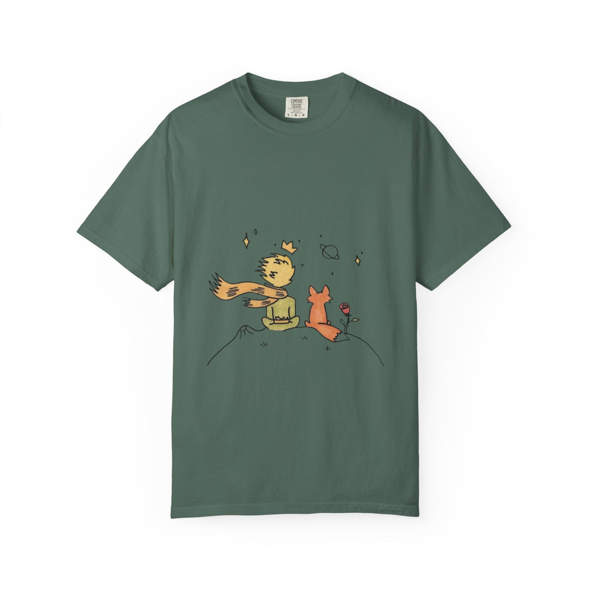 The Little Prince and the Fox T-shirt in Blue Spruce, garment-dyed unisex tee