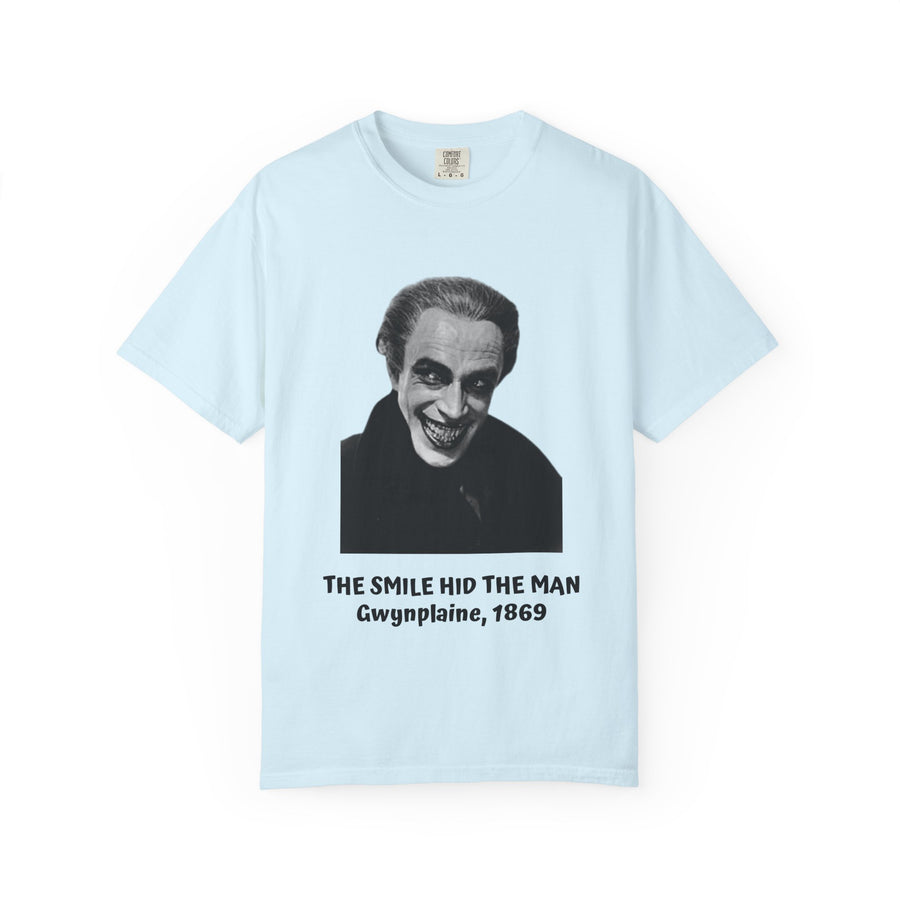 The Man Who Laughs literary T-shirt with Gwynplaine portrait and “The Smile Hid the Man” on a garment-dyed unisex T-shirt, product view