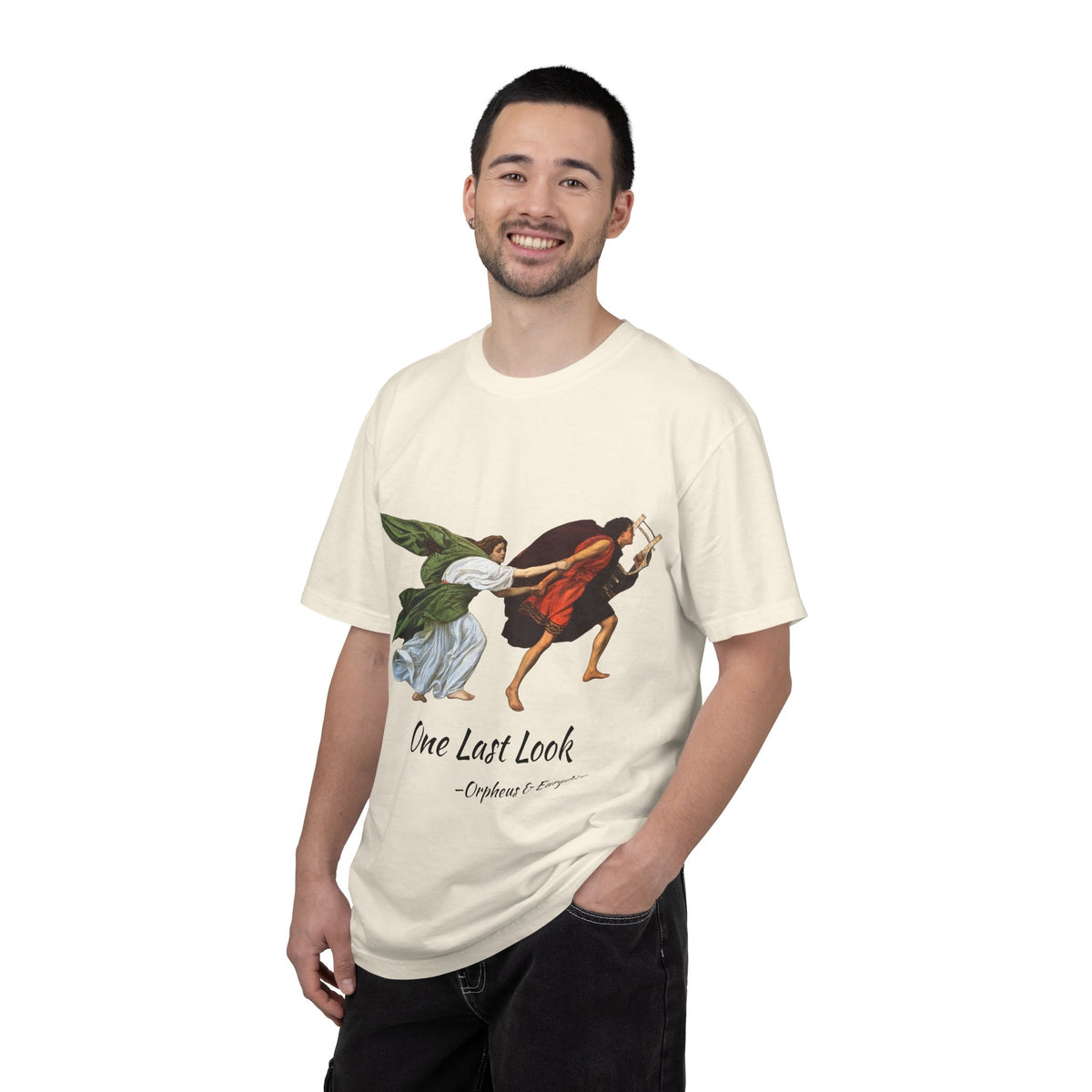 Orpheus and Eurydice mythology T-shirt with “One Last Look” classical illustration