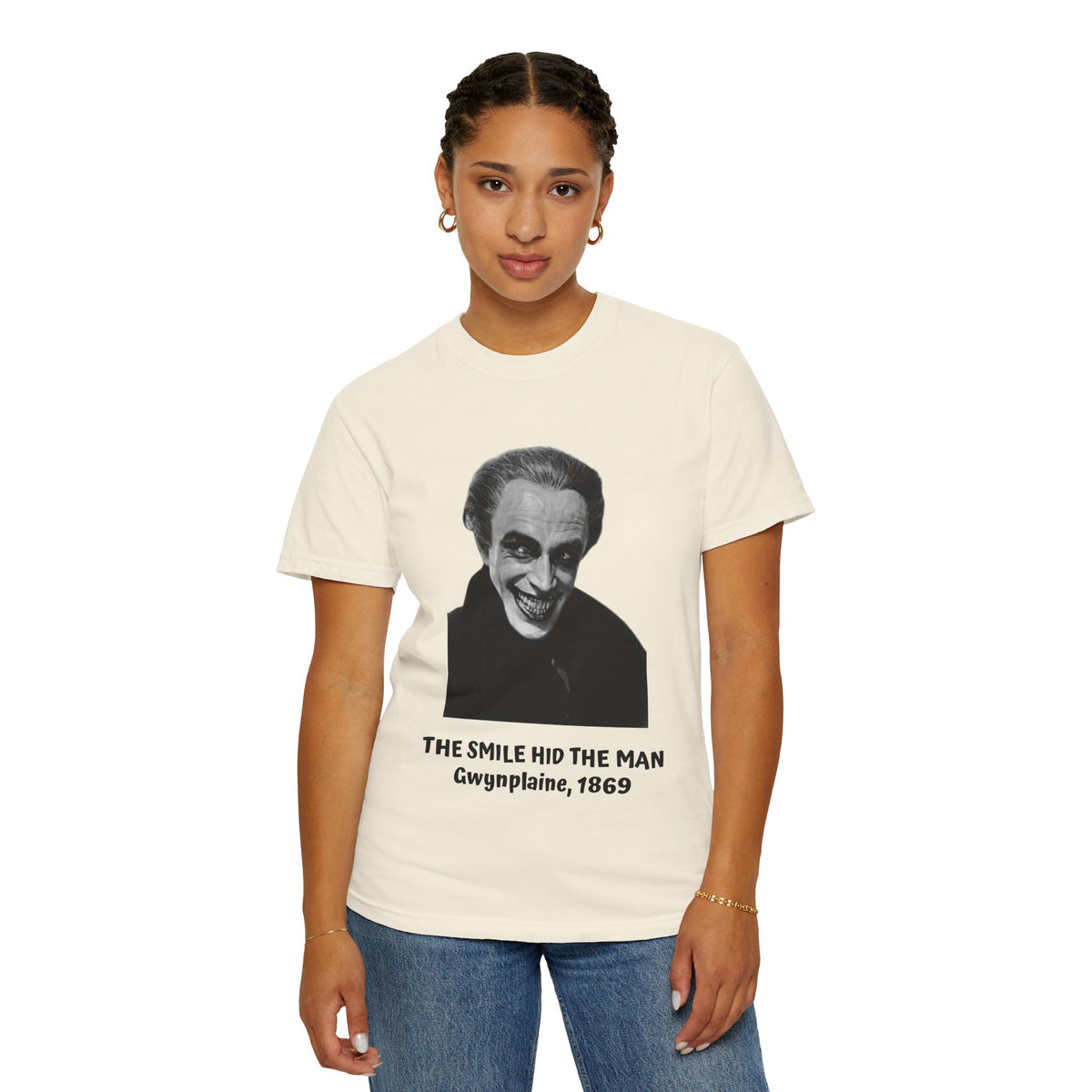 The Man Who Laughs literary T-shirt with Gwynplaine portrait and “The Smile Hid the Man” on a garment-dyed unisex T-shirt, product view