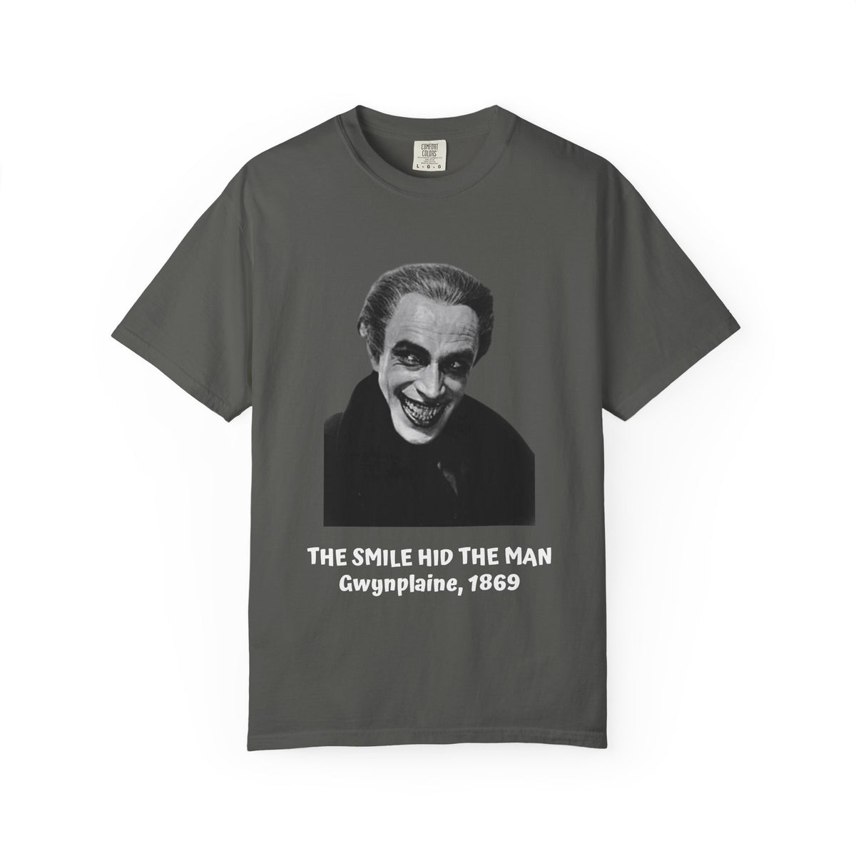 The Man Who Laughs Gwynplaine T-shirt in Pepper — 'The Smile Hid the Man' design, garment-dyed unisex tee