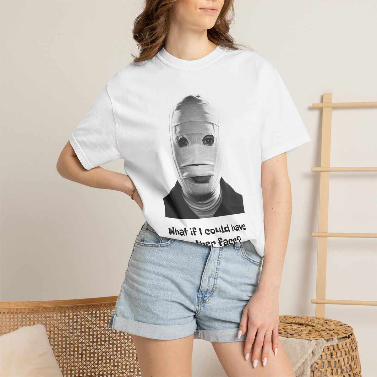 The Face of Another literary T-shirt with a bandaged mask and existential question