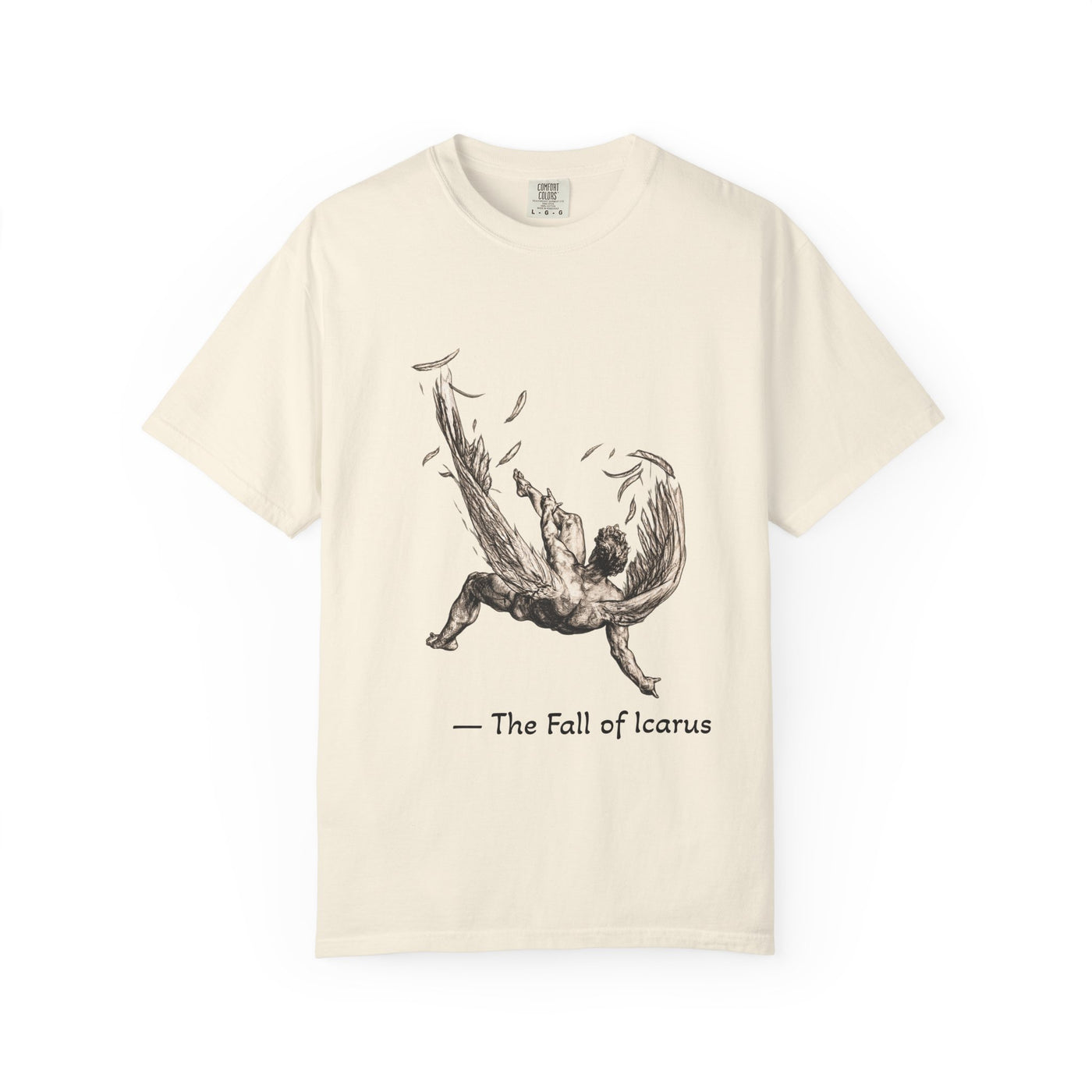 Fall of Icarus Greek mythology T-shirt with a falling winged figure on a garment-dyed unisex T-shirt, product view