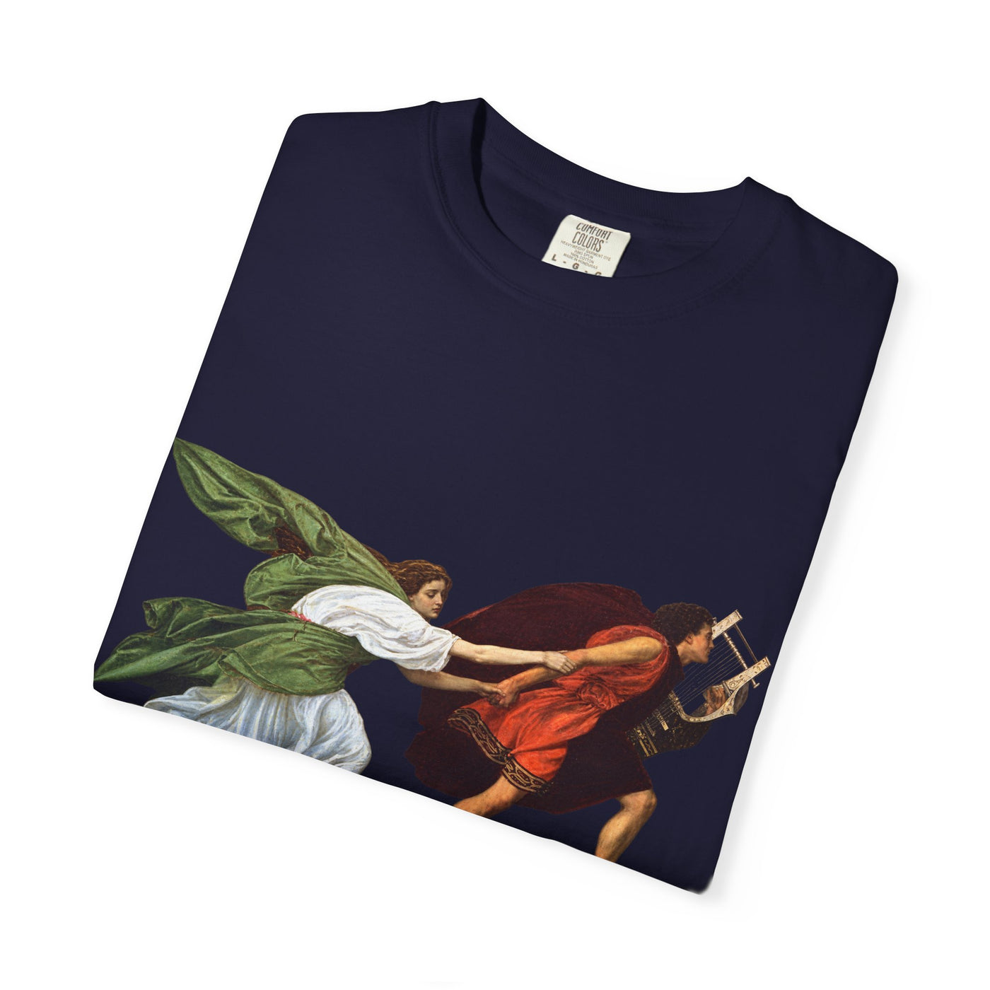 Orpheus and Eurydice mythology T-shirt with “One Last Look” classical illustration on a garment-dyed unisex T-shirt, product view