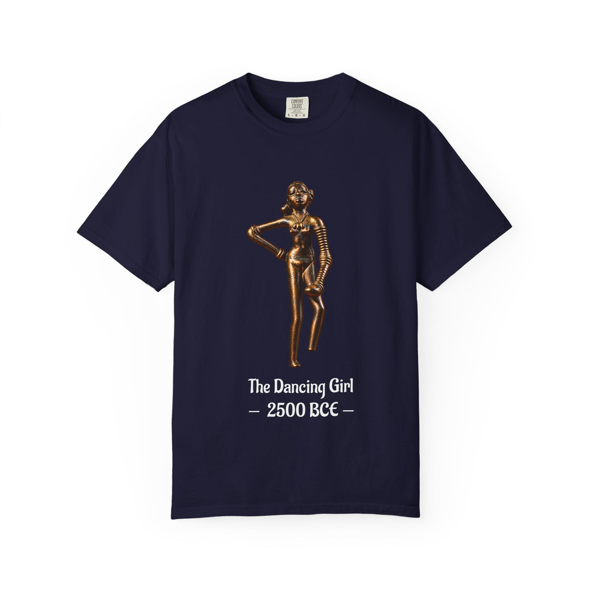 Dancing Girl of Mohenjo-daro T-shirt with the Indus Valley bronze figure and 2500 BCE design on a garment-dyed unisex T-shirt, product view