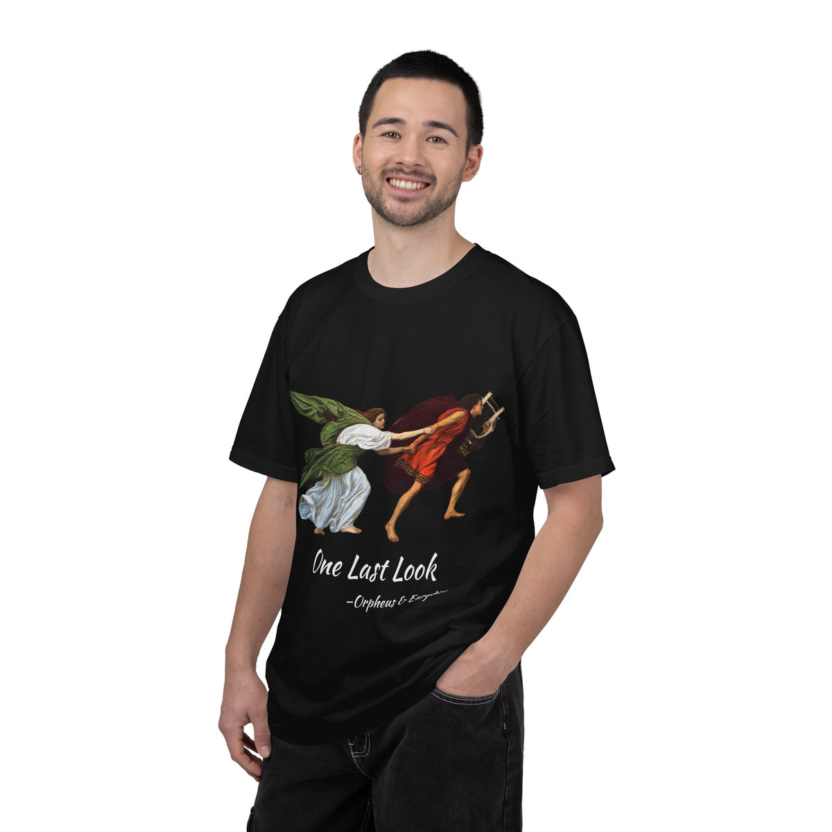 Orpheus and Eurydice mythology T-shirt with “One Last Look” classical illustration on a garment-dyed unisex T-shirt, product view