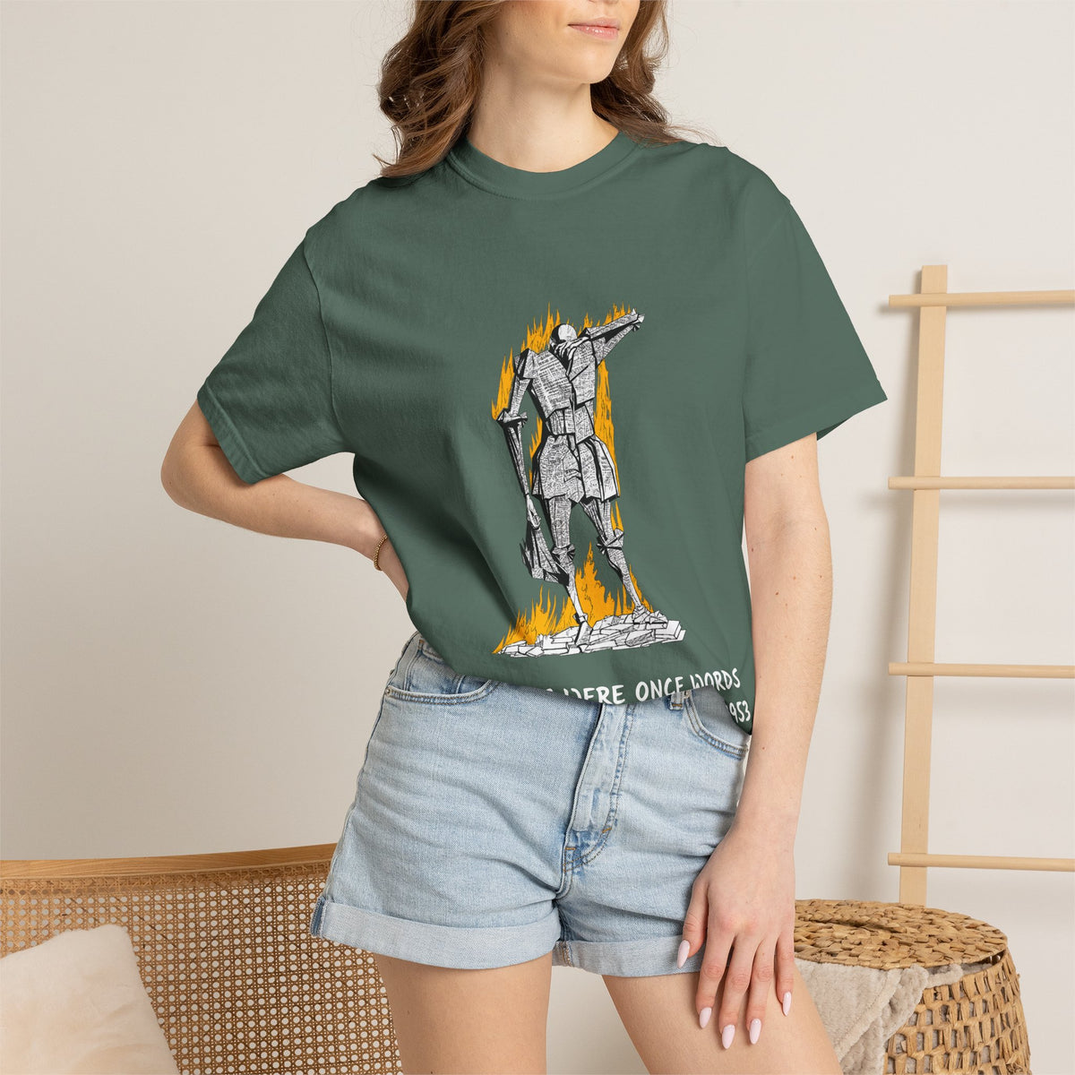 Fahrenheit 451 literary T-shirt with burning pages and “The Ashes Were Once Words” design on a garment-dyed unisex T-shirt, product view