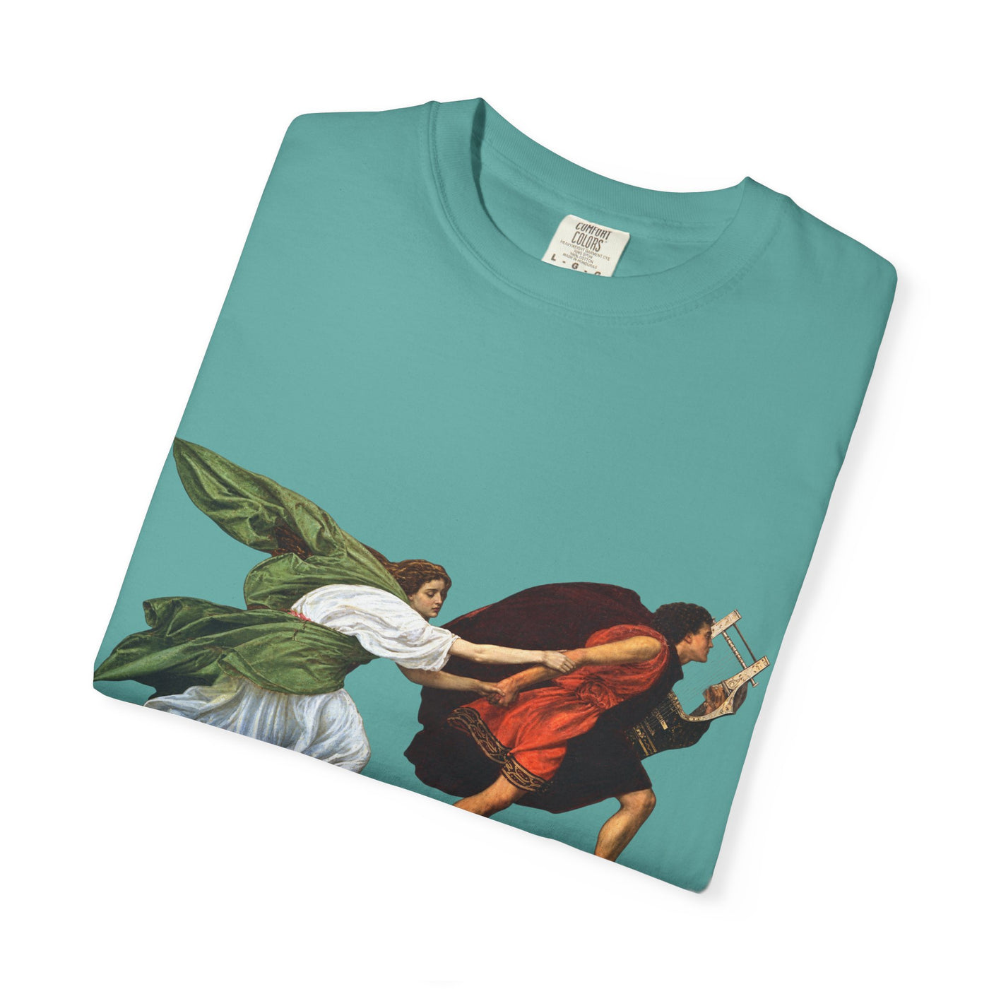 Orpheus and Eurydice mythology T-shirt with “One Last Look” classical illustration on a garment-dyed unisex T-shirt, product view