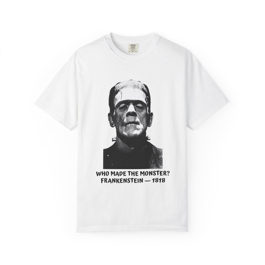 Frankenstein literary T-shirt with a vintage monster portrait and “Who Made the Monster?” on a garment-dyed unisex T-shirt, product view