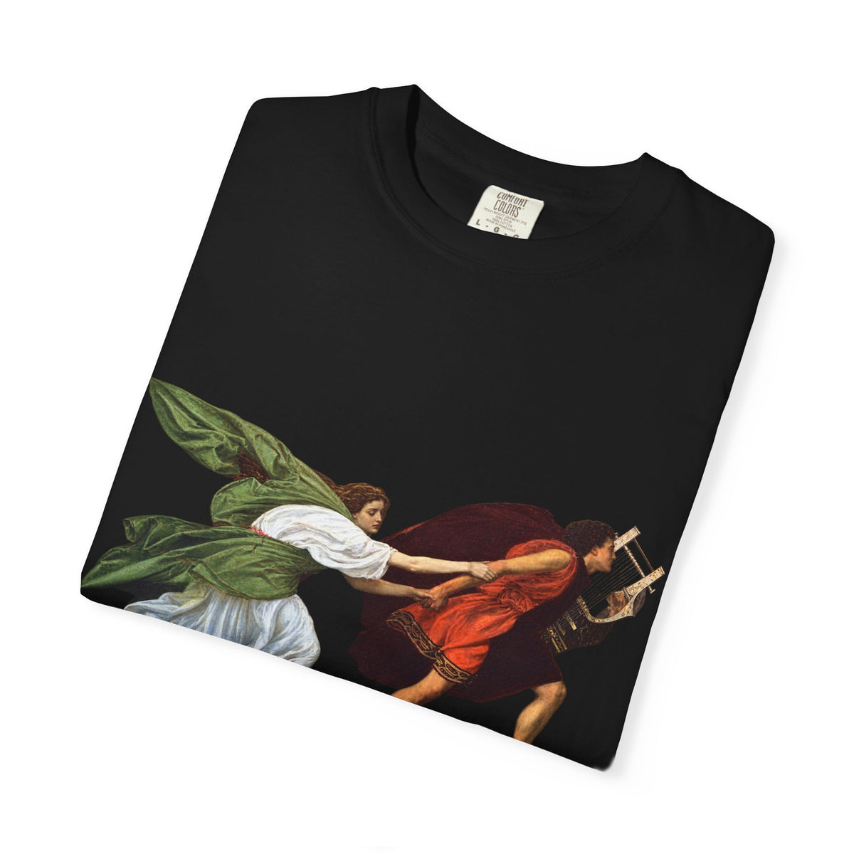 Orpheus and Eurydice mythology T-shirt with “One Last Look” classical illustration on a garment-dyed unisex T-shirt, product view