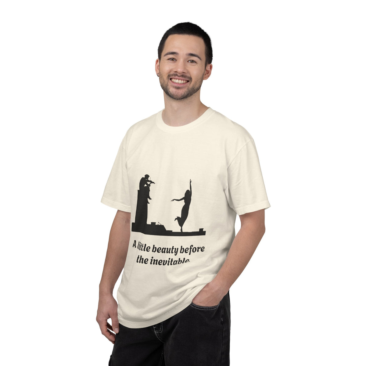 Vintage violin graphic T-shirt showing a violinist, dancing figure and “A Little Beauty Before the Inevitable” on a garment-dyed unisex T-shirt, product view