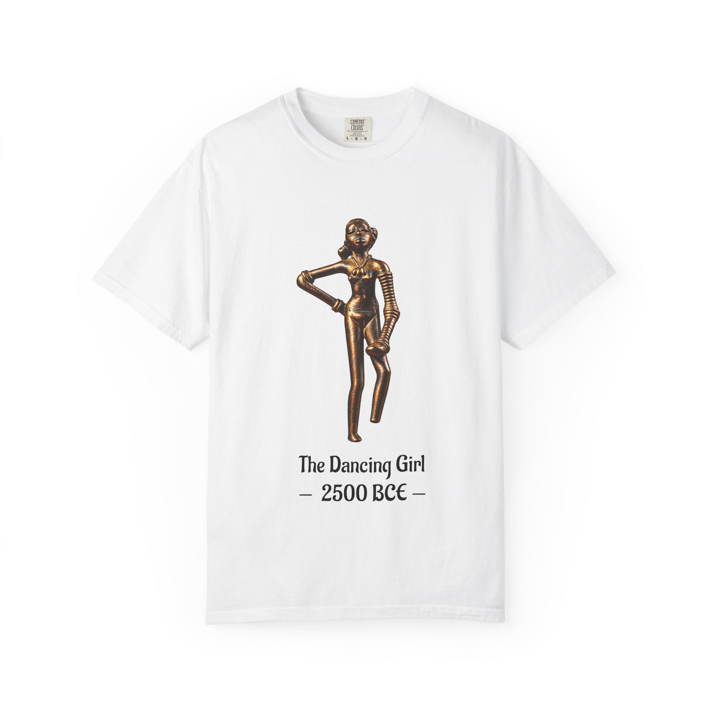 Dancing Girl of Mohenjo-daro T-shirt with the Indus Valley bronze figure and 2500 BCE design on a garment-dyed unisex T-shirt, product view