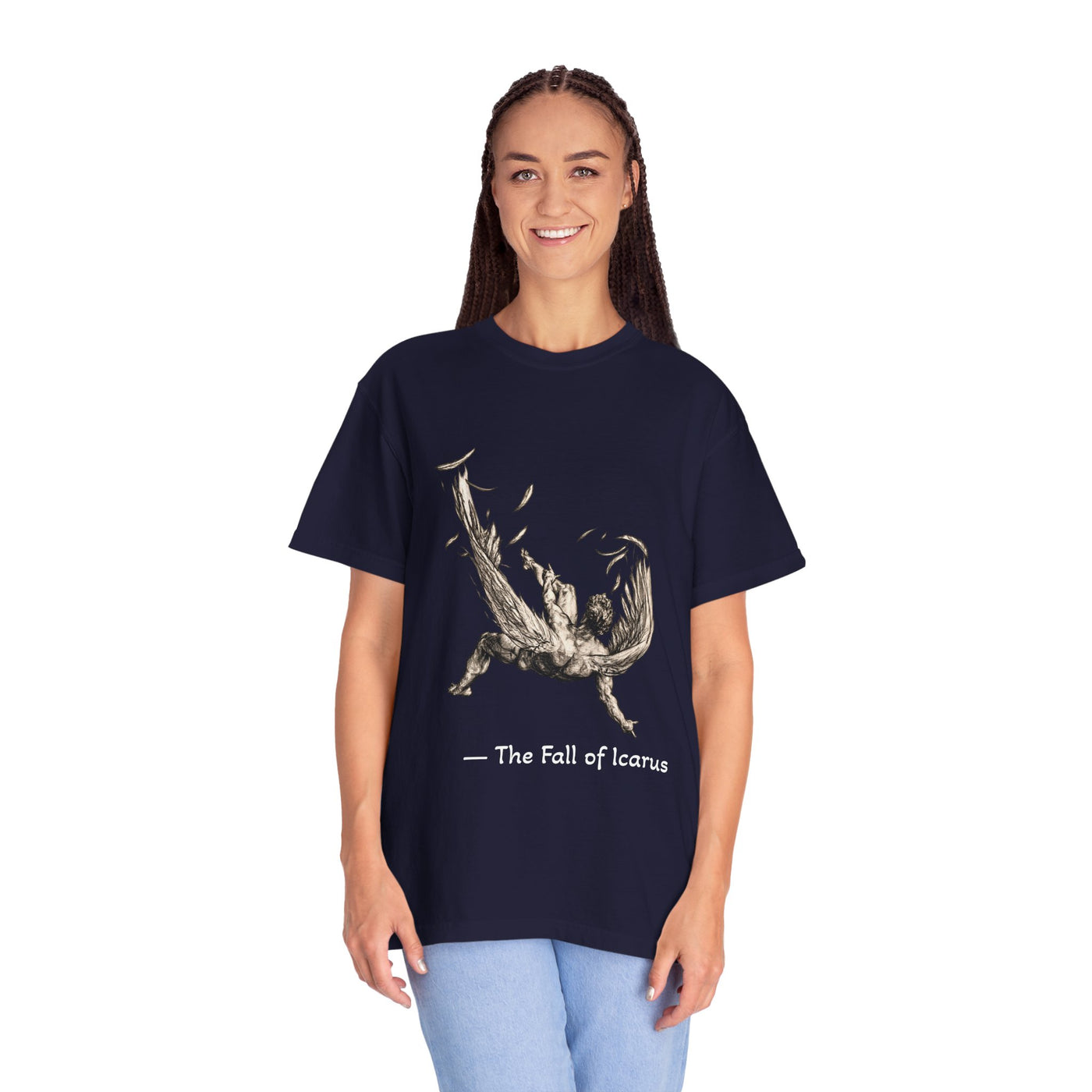 Fall of Icarus Greek mythology T-shirt with a falling winged figure on a garment-dyed unisex T-shirt, product view