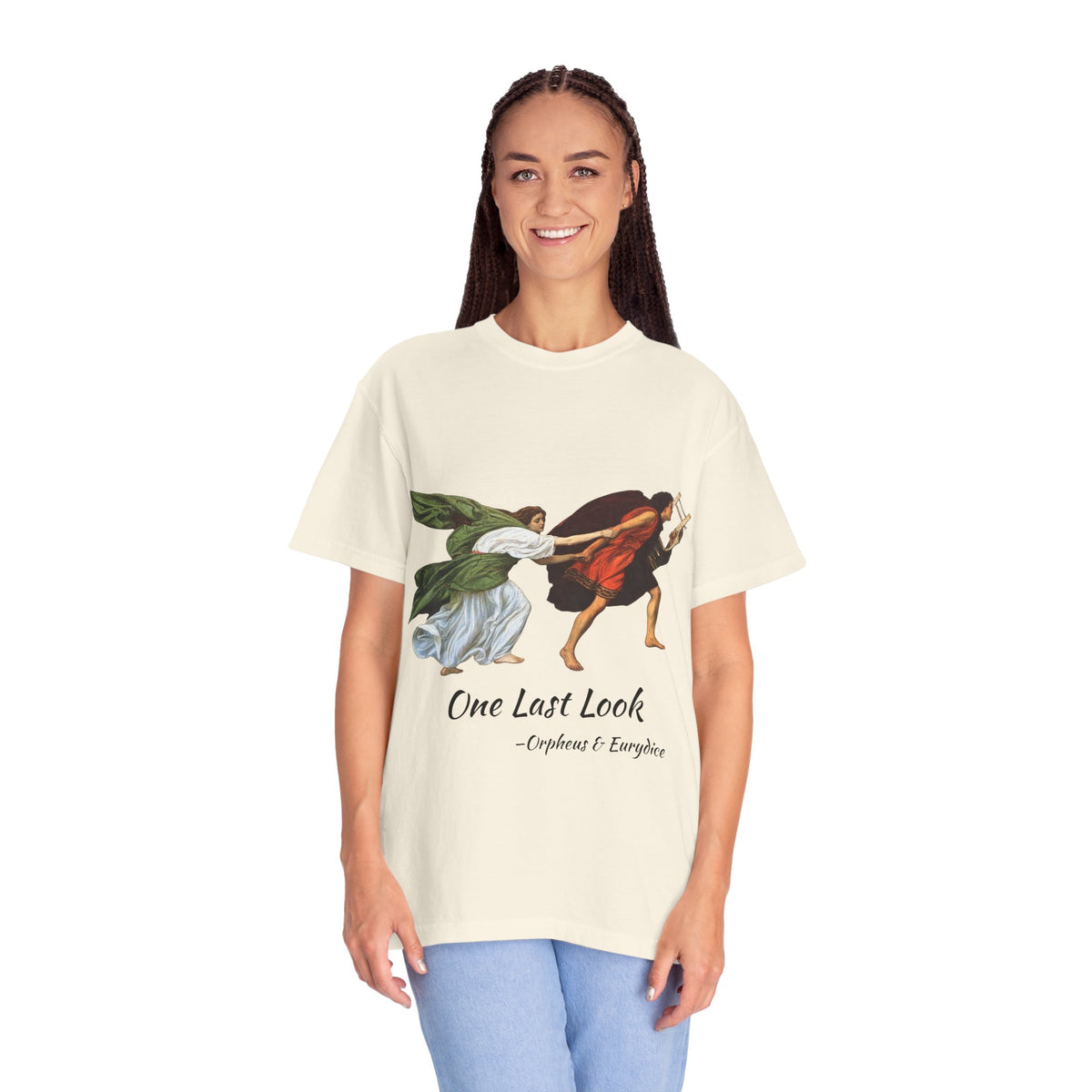 Orpheus and Eurydice mythology T-shirt with “One Last Look” classical illustration on a garment-dyed unisex T-shirt, product view