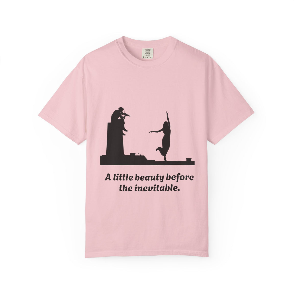 Vintage violin graphic T-shirt showing a violinist, dancing figure and “A Little Beauty Before the Inevitable” on a garment-dyed unisex T-shirt, product view
