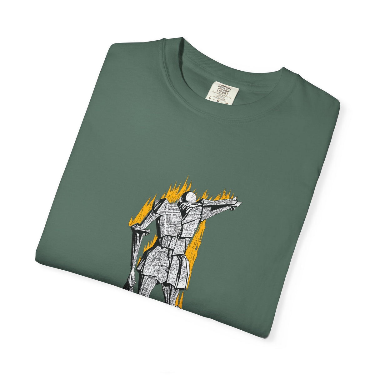 Fahrenheit 451 literary T-shirt with burning pages and “The Ashes Were Once Words” design on a garment-dyed unisex T-shirt, product view