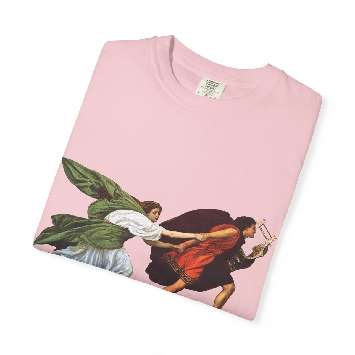 Orpheus and Eurydice mythology T-shirt with “One Last Look” classical illustration on a garment-dyed unisex T-shirt, product view