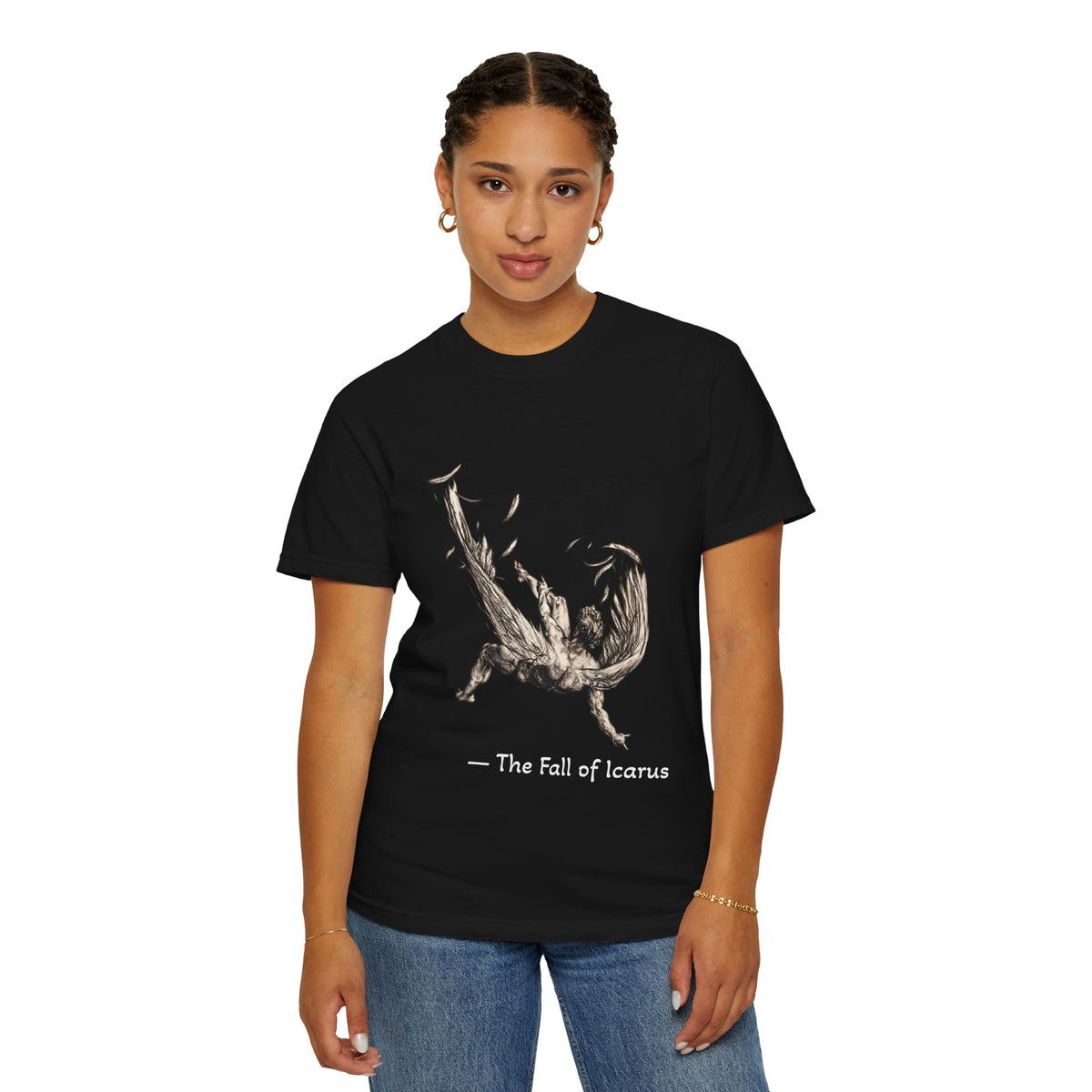 Fall of Icarus Greek mythology T-shirt with a falling winged figure on a garment-dyed unisex T-shirt, product view