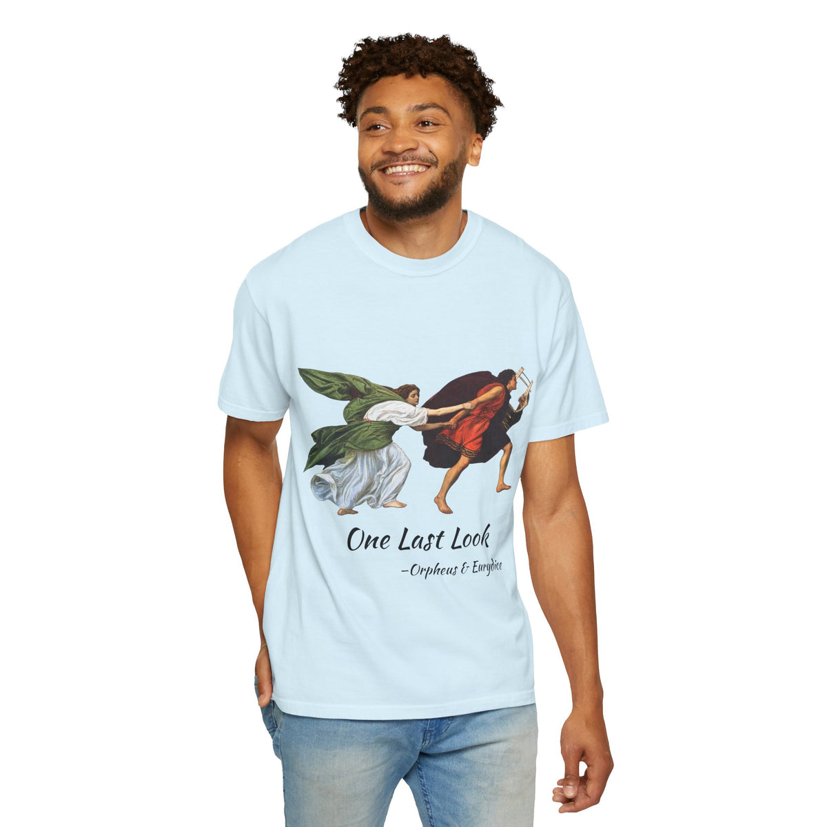 Orpheus and Eurydice mythology T-shirt with “One Last Look” classical illustration on a garment-dyed unisex T-shirt, product view