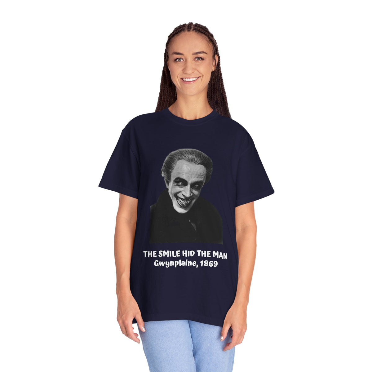 The Man Who Laughs literary T-shirt with Gwynplaine portrait and “The Smile Hid the Man” on a garment-dyed unisex T-shirt, product view
