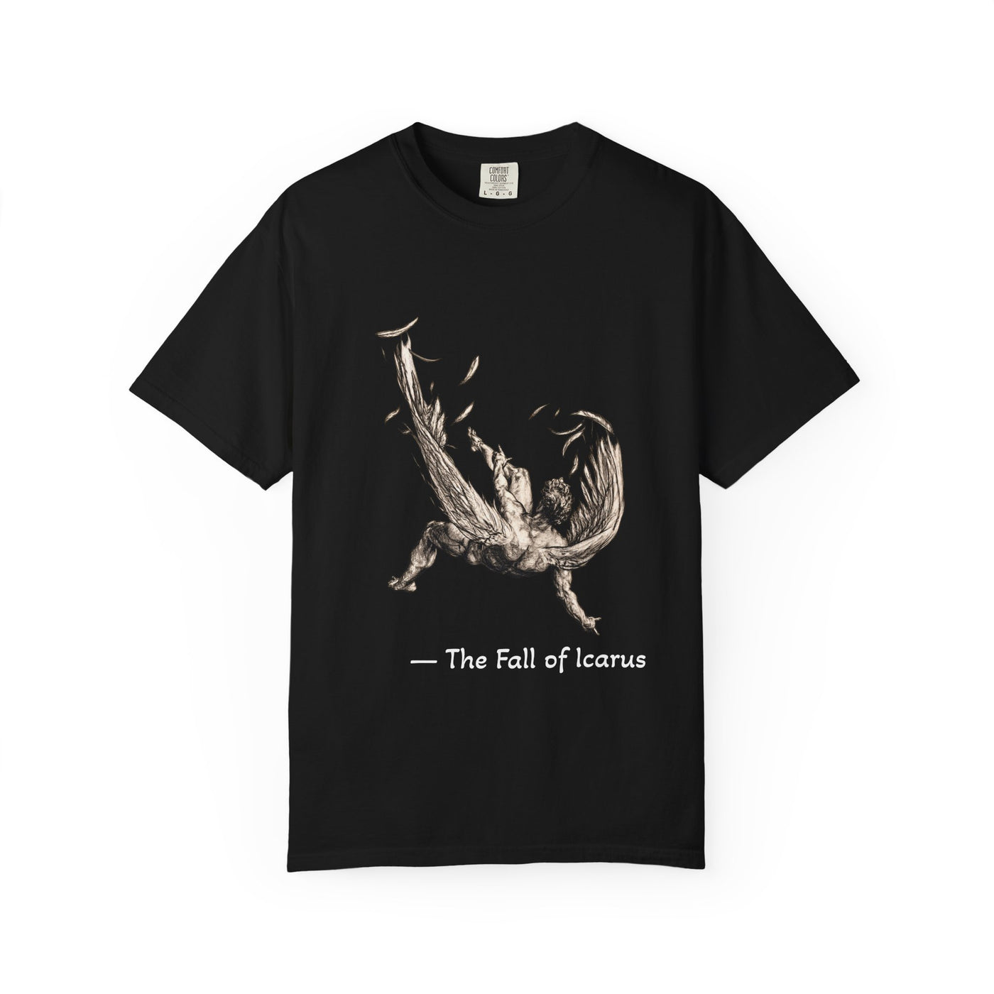 Fall of Icarus Greek mythology T-shirt with a falling winged figure on a garment-dyed unisex T-shirt, product view
