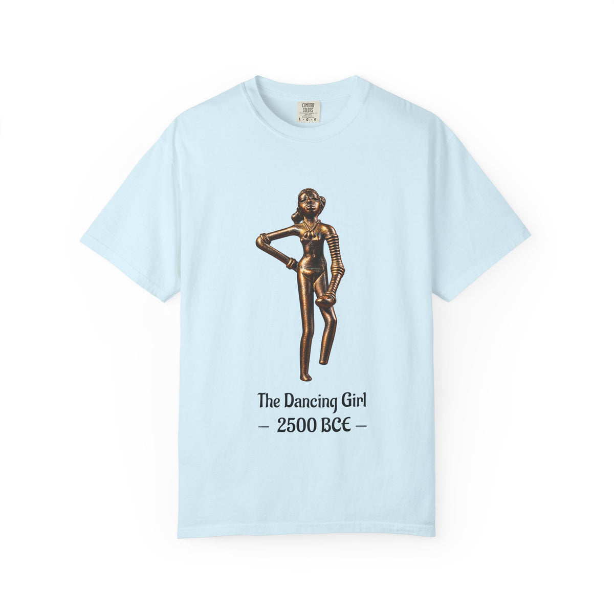 Dancing Girl of Mohenjo-daro T-shirt with the Indus Valley bronze figure and 2500 BCE design on a garment-dyed unisex T-shirt, product view