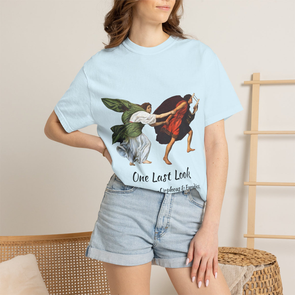 Orpheus and Eurydice mythology T-shirt with “One Last Look” classical illustration on a garment-dyed unisex T-shirt, product view