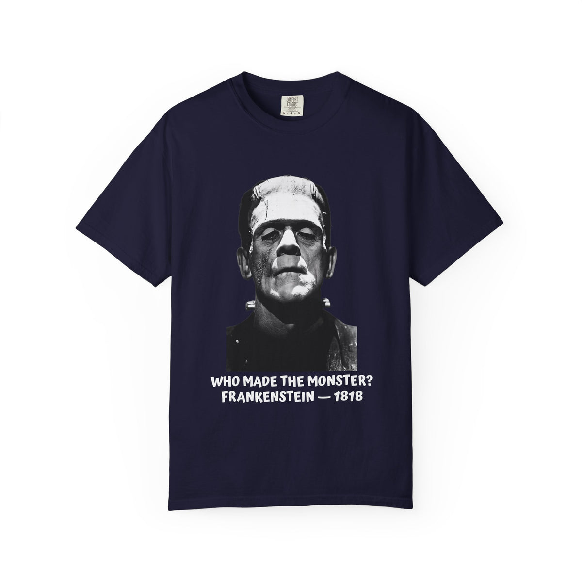 Frankenstein 'Who Made the Monster?' T-shirt in True Navy, garment-dyed unisex tee