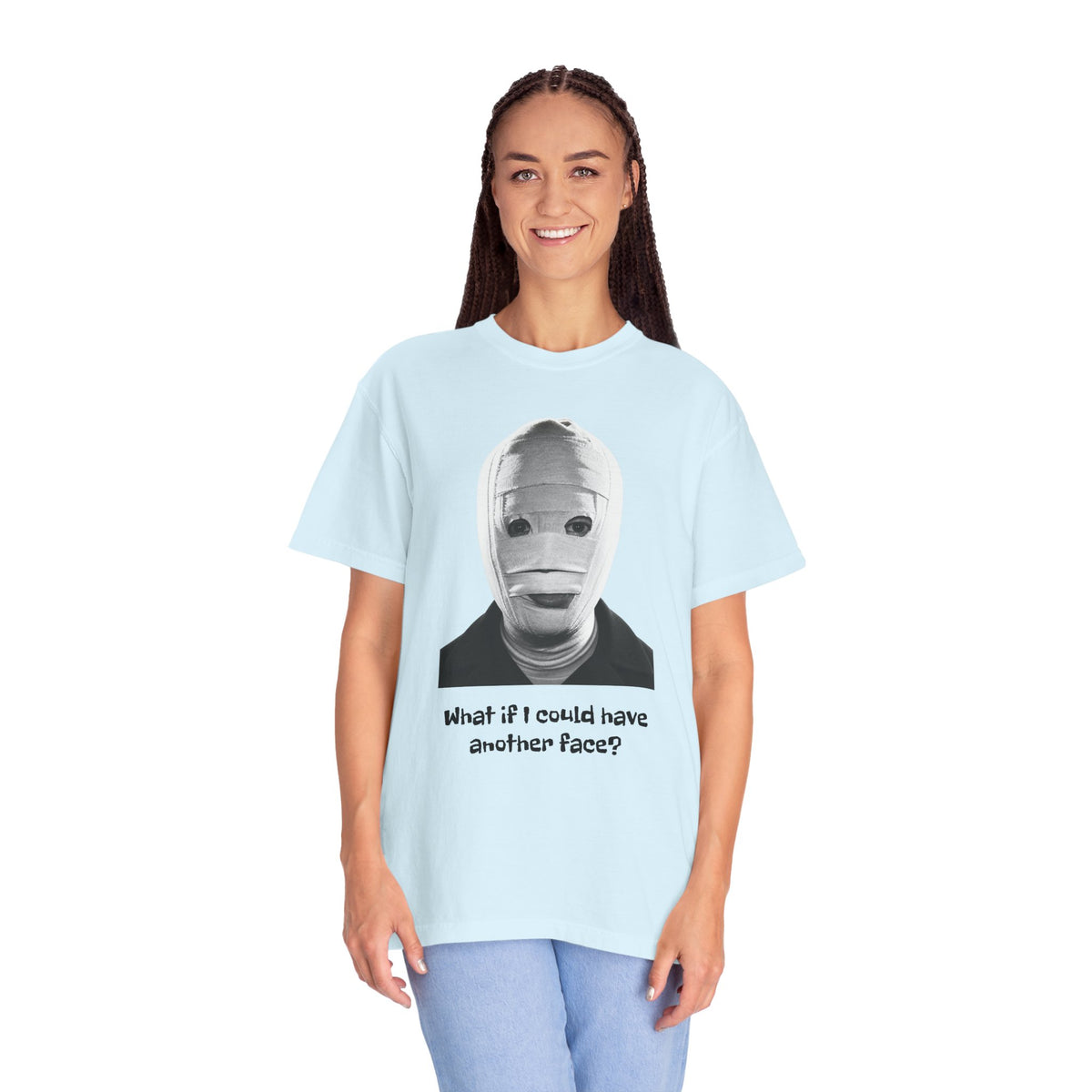 The Face of Another literary T-shirt with a bandaged mask and existential question on a garment-dyed unisex T-shirt, product view