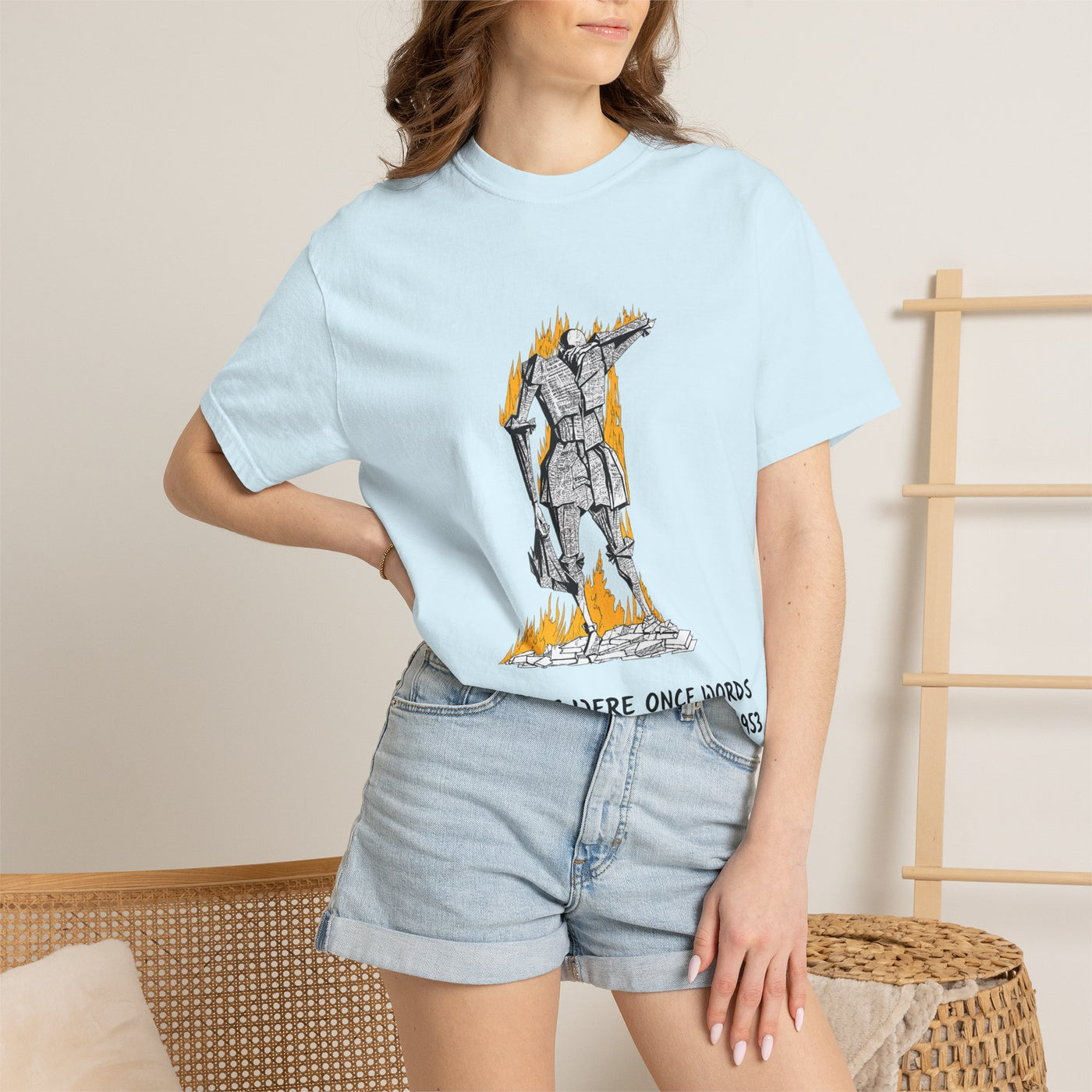 Fahrenheit 451 literary T-shirt with burning pages and “The Ashes Were Once Words” design on a garment-dyed unisex T-shirt, product view