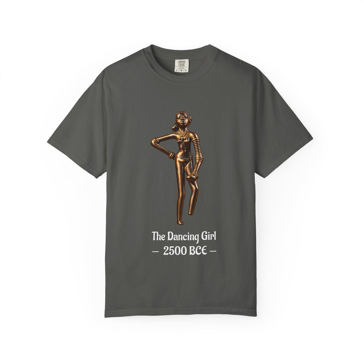Dancing Girl of Mohenjo-daro T-shirt with the Indus Valley bronze figure and 2500 BCE design on a garment-dyed unisex T-shirt, product view