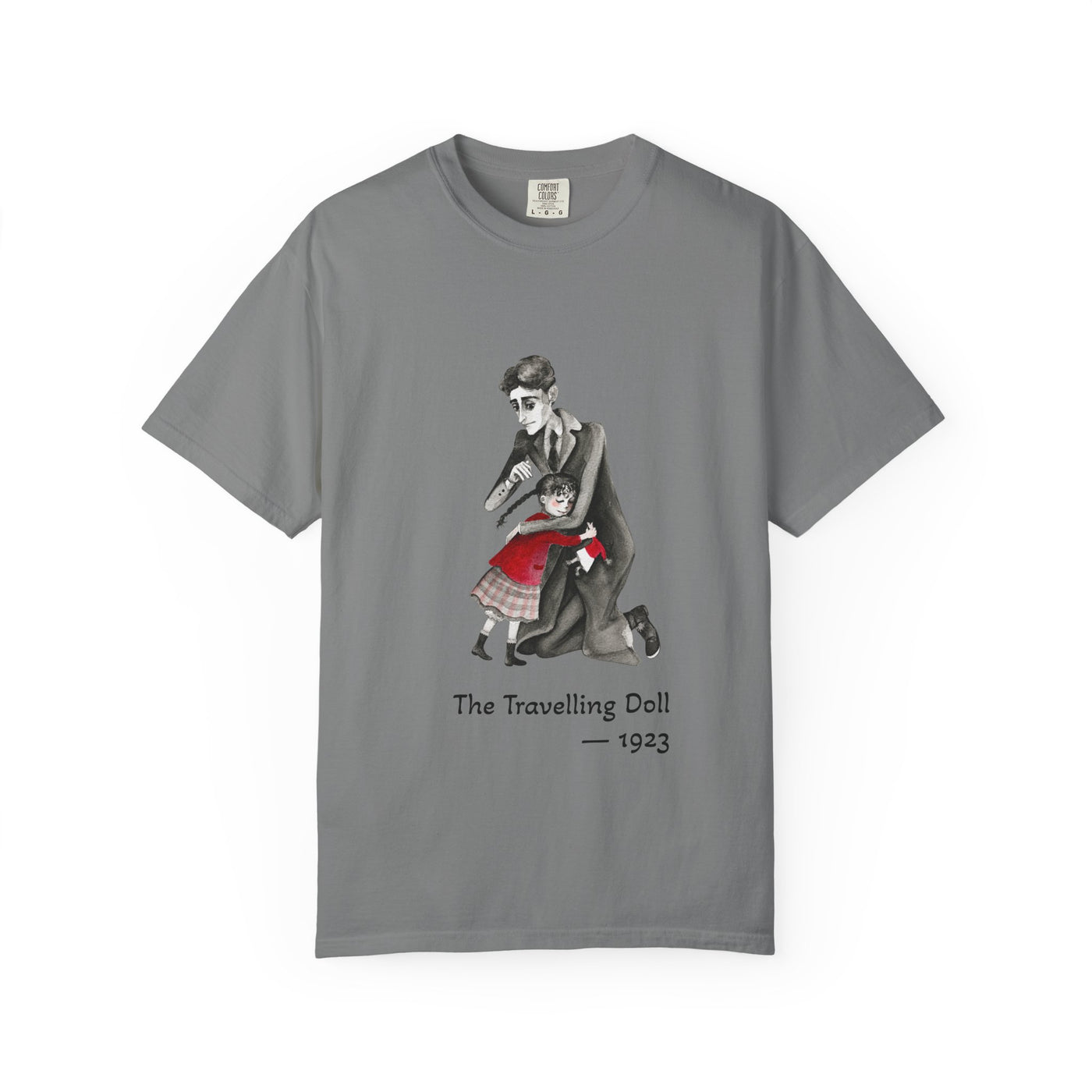 Kafka and the Travelling Doll literary T-shirt with a vintage storyteller illustration on a garment-dyed unisex T-shirt, product view
