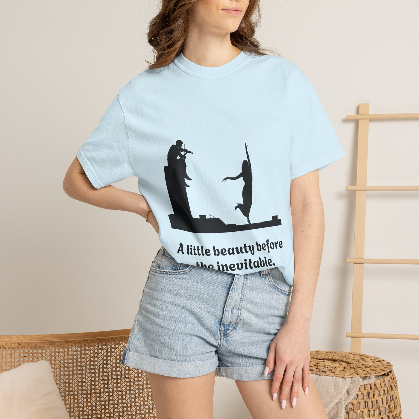 Vintage violin graphic T-shirt showing a violinist, dancing figure and “A Little Beauty Before the Inevitable” on a garment-dyed unisex T-shirt, product view